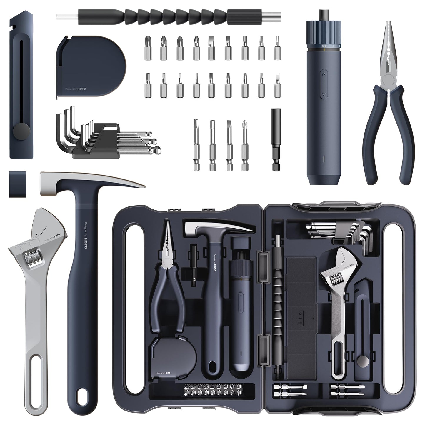 HOTO 40-Piece Tool Kit, Household Essentials Tool Set w/Smart Electric Screwdriver (LED, 3 Torque) + 14 Tools & 26 Accessories | Pro-Grade Compact Organizer for Home, Dorm Repairs, DIY