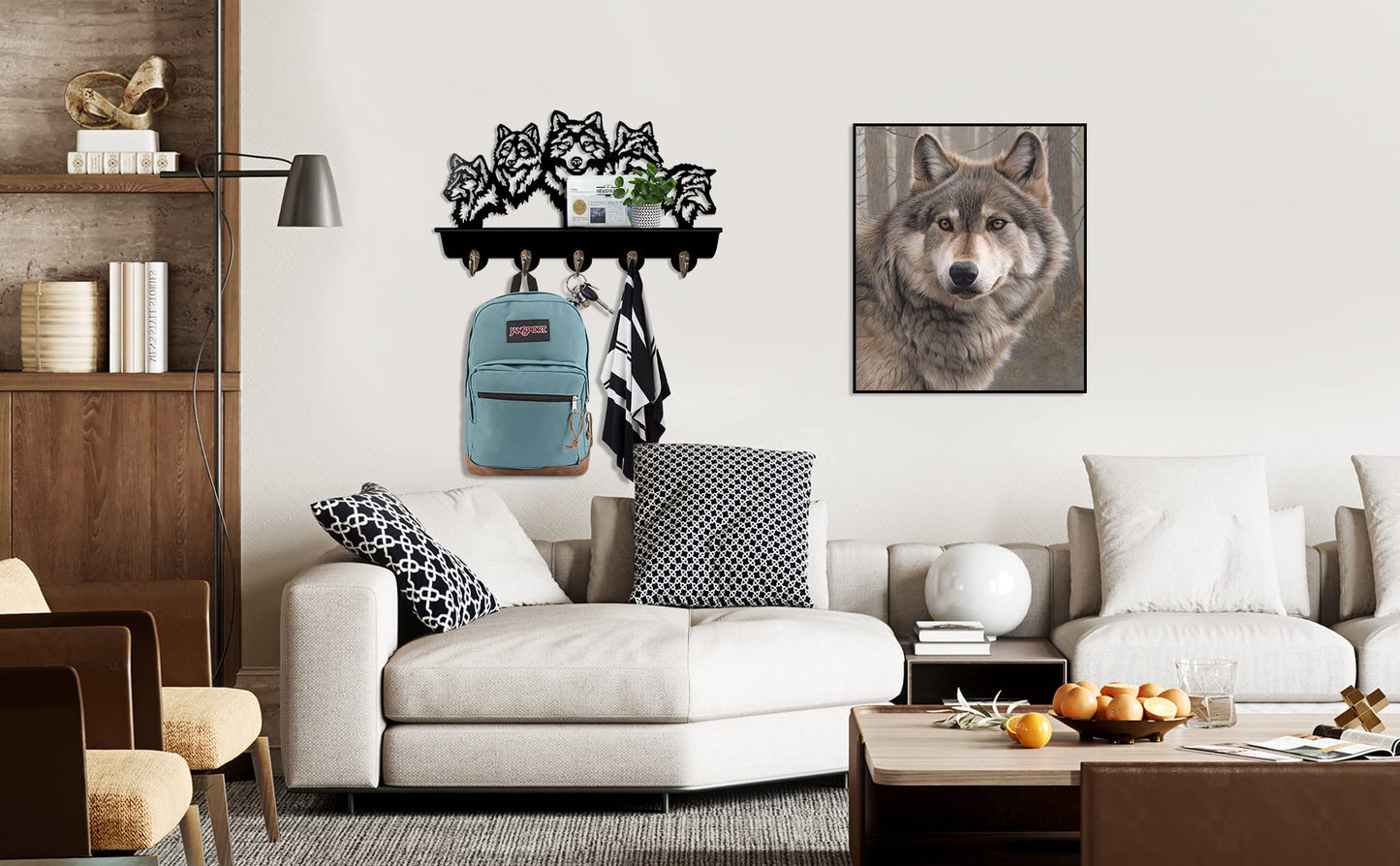 KingLive Wolf Wall Mount Coat Rack,Animal Wall Shelf with Heavy Duty Coat Hooks, Home Living Room Bedroom Decor for Hallway Kitchen Office Entryway, Wolf Wall Hook Gifts for Men(5 Hooks)