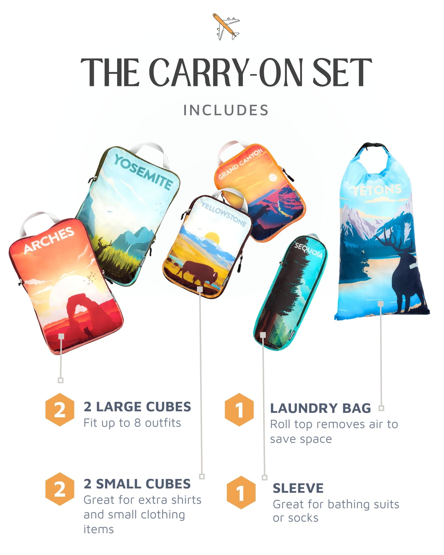 Compression Packing Cubes for Travel, 6-Piece Lightweight Packing Cubes Set for Carry-On Luggage & Backpacks – TRIPPED Travel Gear (National Park)
