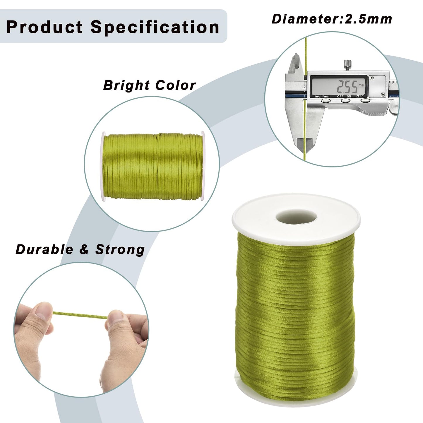 Rebower Nylon Satin Cord 2.5mm, 109 Yard Nylon String for Bracelet Braided Thread [for Jewelry Making Necklace Chinese Knot Craft] - Army Green