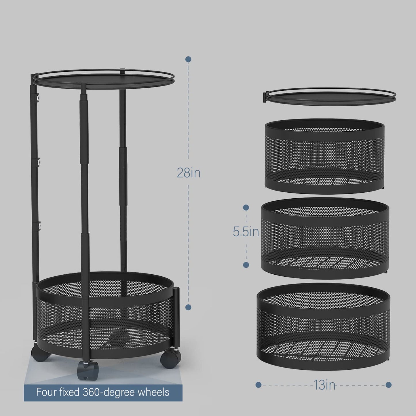 HOYRR Rotating Storage Rack for Kitchen, 4 Tier Fruit and Vegetable Storage for Kitchen Rotating Storages Rack with Wheels, Cart Space Saver Potatoes Fruit Basket, Black