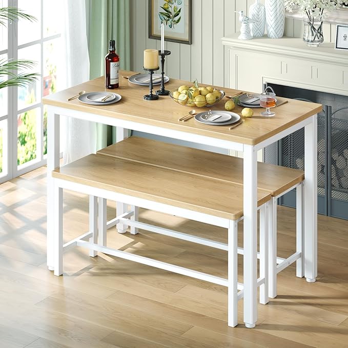 Tatub Dining Table Set for 4, 3-Piece Kitchen Table with 2 Benches, Space-Saving Dining Room Table Set for Breakfast Nook and Small Spaces, Original