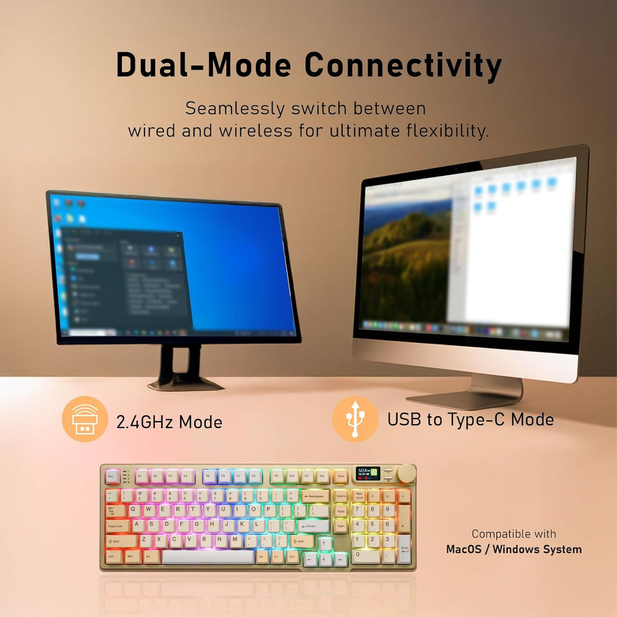 iRocks K85R Wireless RGB Backlit Mechanical Gaming Keyboard with LCD Display, Hot-Swappable Pre-lubed Brown Switches, 98 PBT Keys, USB-C Detachable Cable (Light Golden, Bubble Switch)