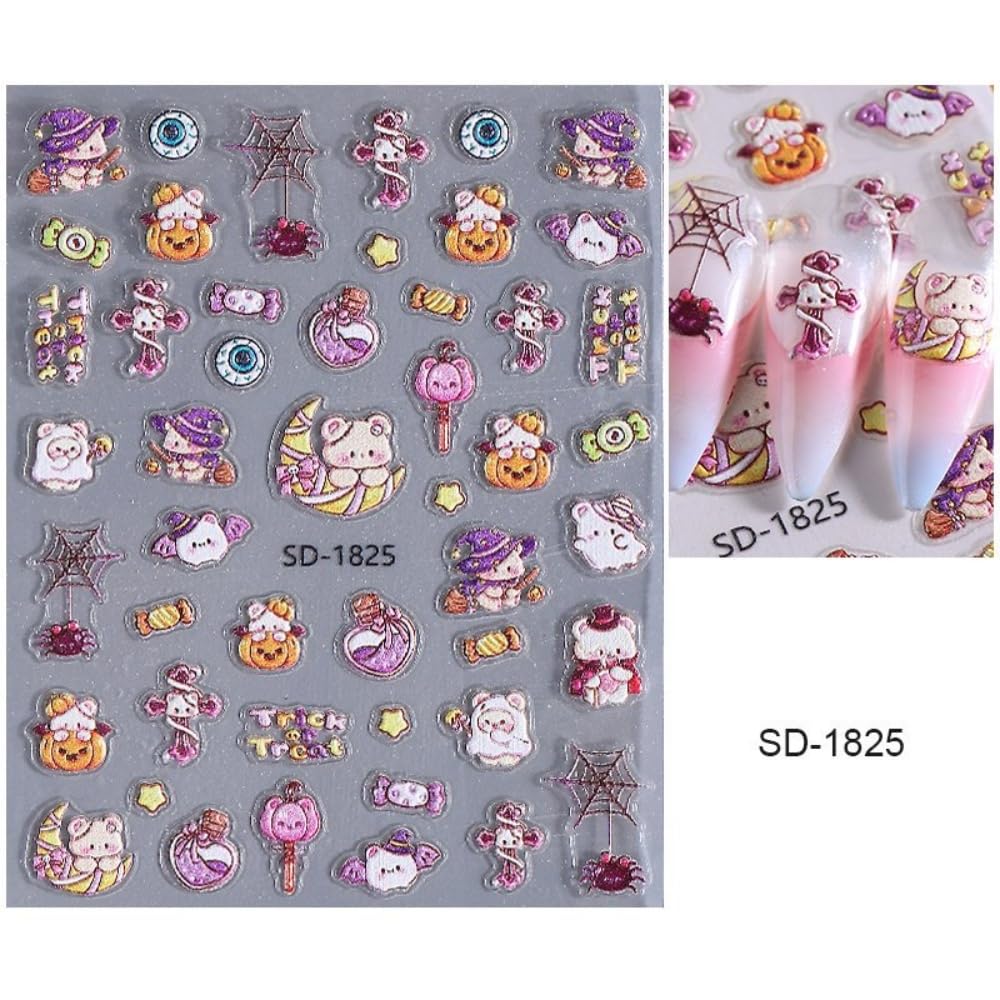 Halloween Nail Stickers Cute Ghost Nail Designs 3D Self-Adhesive Coffin Spider Web Pumpkin Nail Decals 5D Embossed Star Moon Bat Nails Supplies for Women Holiday DIY Manicure 5 Sheets