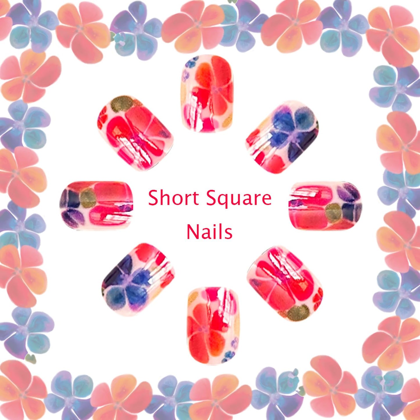 Press on Nails Almond Nails Colourful Flower Design Short Press Ons Nude Pink Fake Nails Exter Short Press on Nail Glossy False Nailsr for Women Reusable Acrylic Nails 24 Pcs
