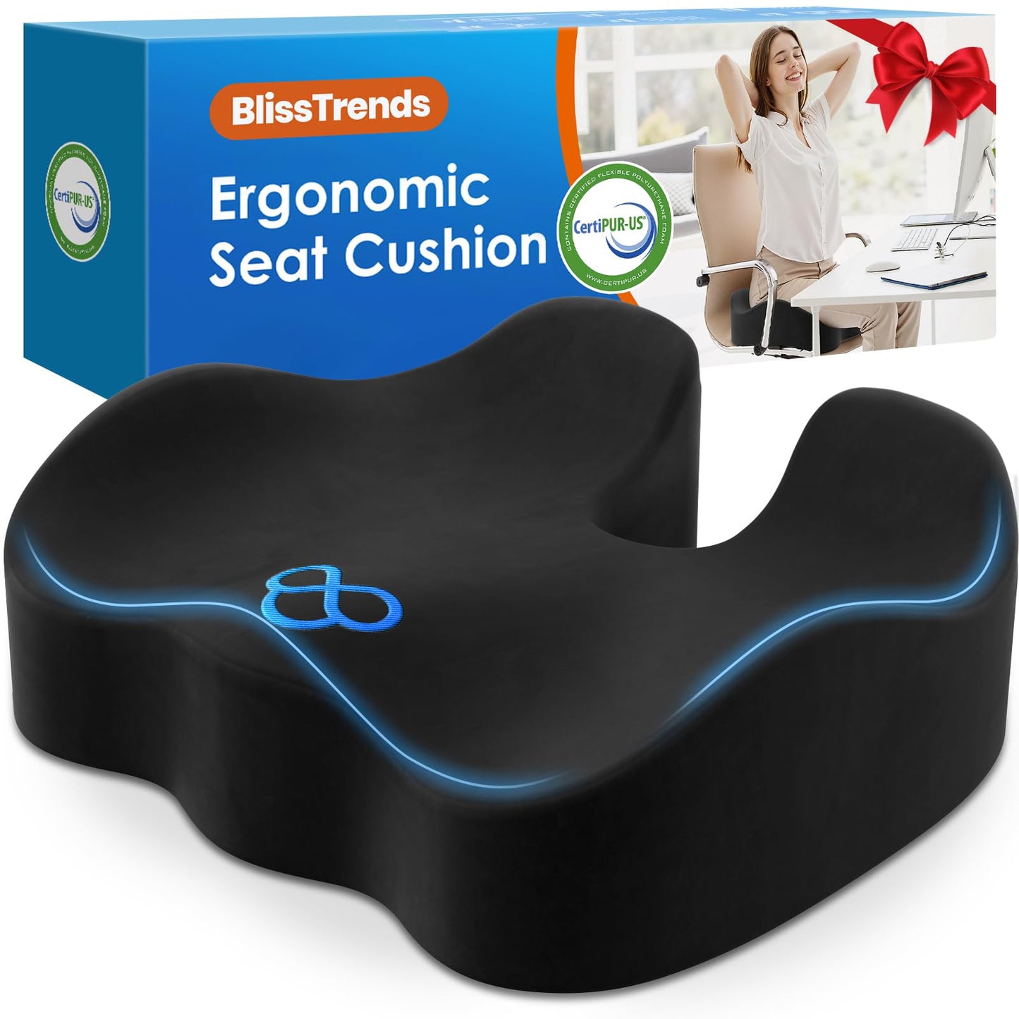 BlissTrends Seat Cushion with Velvet Cover, Thick Memory Foam Cushions for Office Chair, Car Seat, Airplane, Relieving Pressure Tailbone Sciatica Back Pain for Long Sitting, Car Drivers 4.7in Black