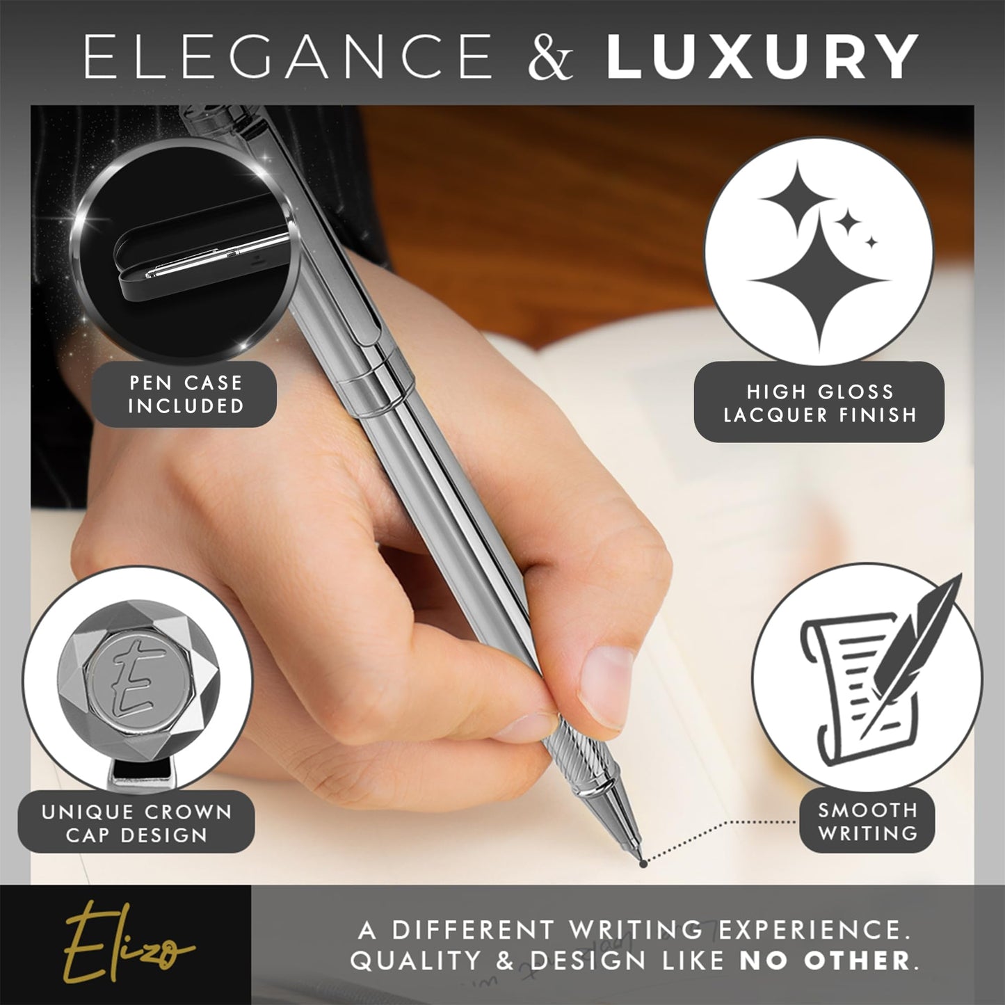 ELIZO Leather Portfolio & Rollerball Pen Bundle – Professional Padfolio Organizer with Antique Letter Strap & Chrome Silver Executive Pen, Schmidt Ink Business Writing Set