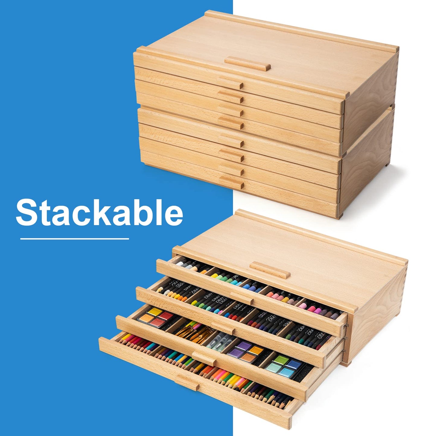 Falling in Art Wooden Pastel Storage Box, Artist Supply Storage Box With 4 Removable Drawer, Portable Organizer Box for Pencils, Markers, Brushes and Painting Tools