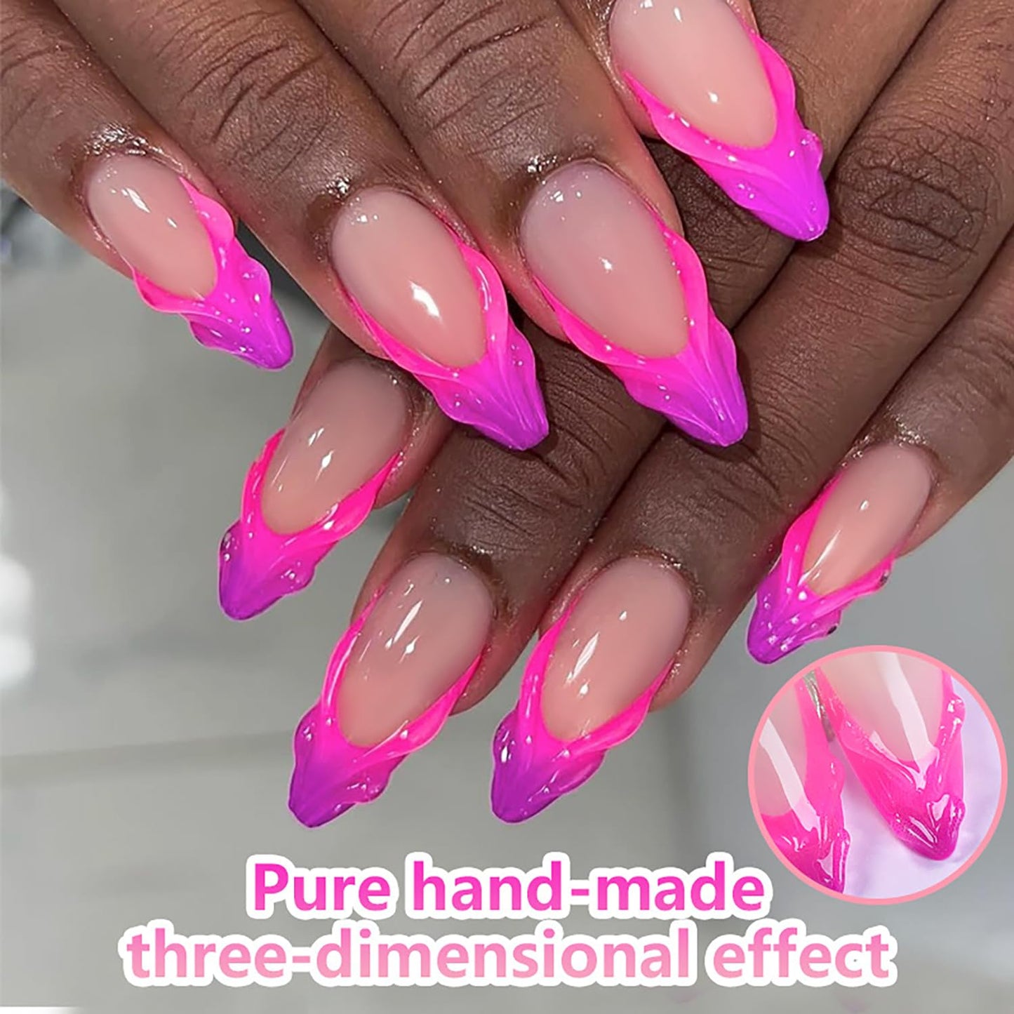 24 Pcs Almond Press on Nails Medium Fake Nails Kit Pink French Tip False Nails with 3D Design Almond Nail Tips Acrylic Nails Press ons Glossy Holiday Glue on Nails Reusable Stick on Nails for Women