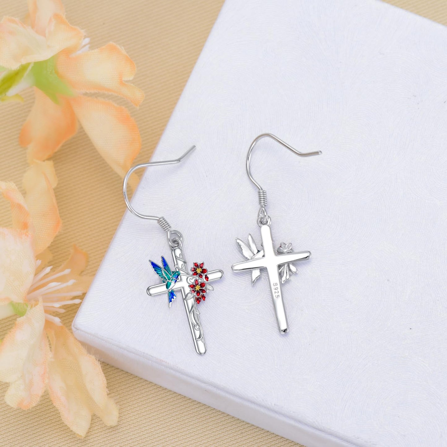 LONAGO Hummingbird Earrings for Women Sterling Silver Hummingbirds Cross Dangle Earring Jewelry Gift for Women