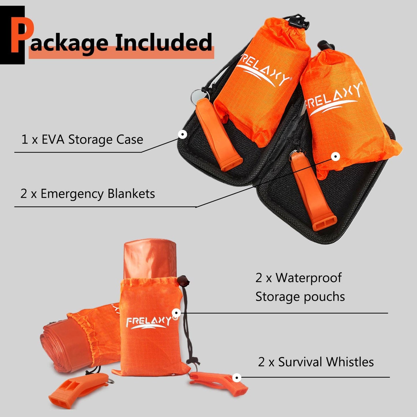 Frelaxy Emergency Blanket 2-Pack, Extra-Thick Extra-Large Space Blankets with Whistles, Storage Pouchs, and EVA case
