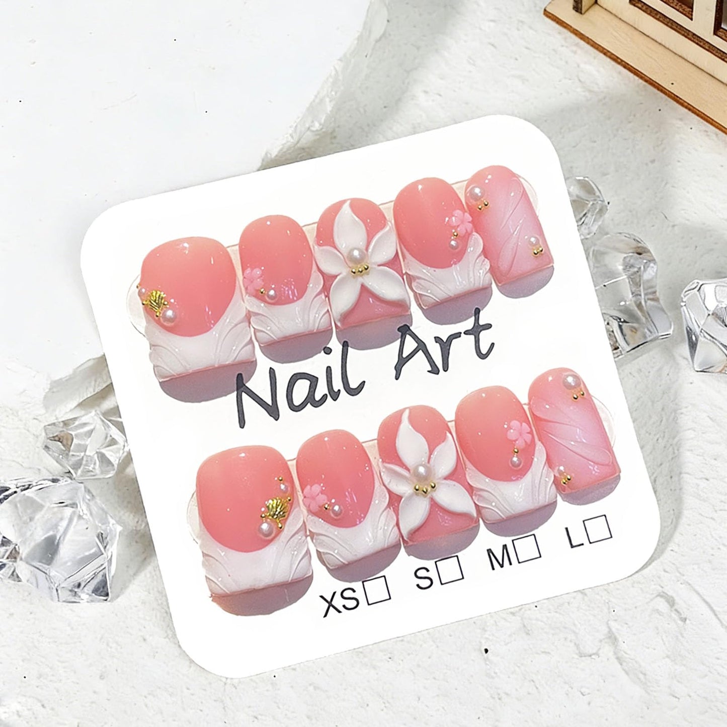 10 Pcs Handmade Press on Nails Short Square Fake Nails with 3D Flower Peal Design White French Tip False Nails Short Press Ons Nails Square Pink Acrylic for Women M Size