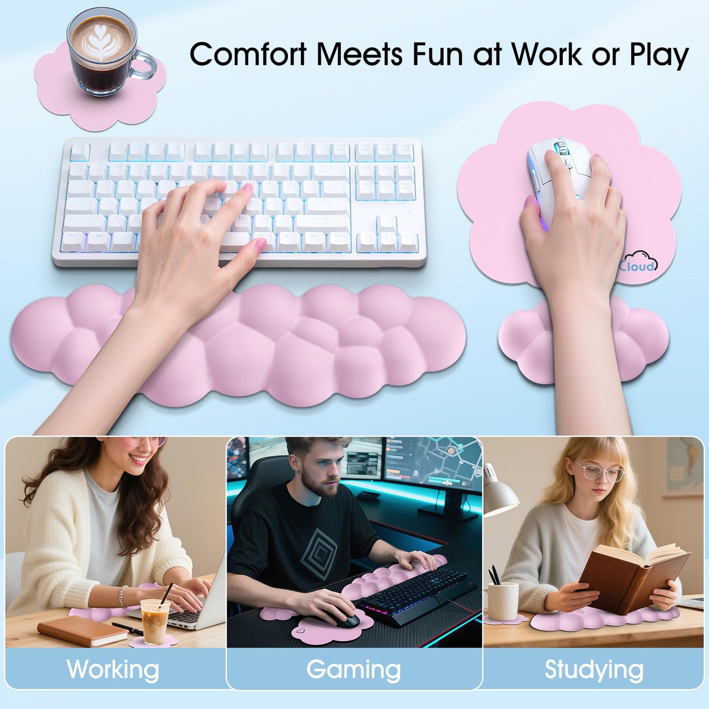 Retuhapy Cloud Wrist Rest Keyboard Cushion, 4-in-1 Ergonomic Cloud Keyboard Wrist Rest and Mouse Pad Set with Memory Foam Arm Support for Palm, Cute Desk Accessory for PC Gaming Setup, Pink