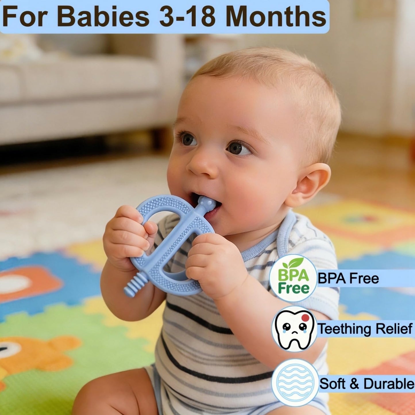 uwsic 2-Pack Baby Teething Toys, Food Grade BPA-Free Silicone Baby Teether for 3-18 Months, Ring-Shaped Teething Toy for Babies, Multi-Textured Choke-Proof Easy Grip Teether for Infants (Khaki&Blue)