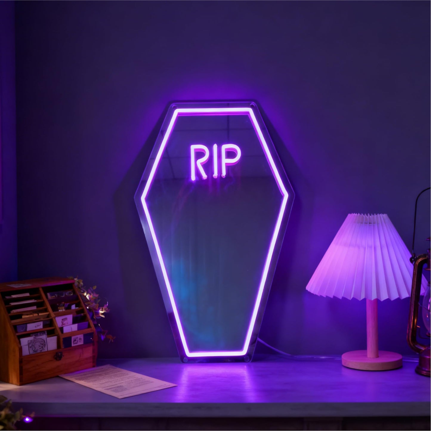 Coffin Shape RIP Neon Sign, USB Powered Dimmable Decorative Neon Light for Haunted House Gothic Spooky Theme Wall Table Decor Horror Party Gifts 19.9 x 12.2 In