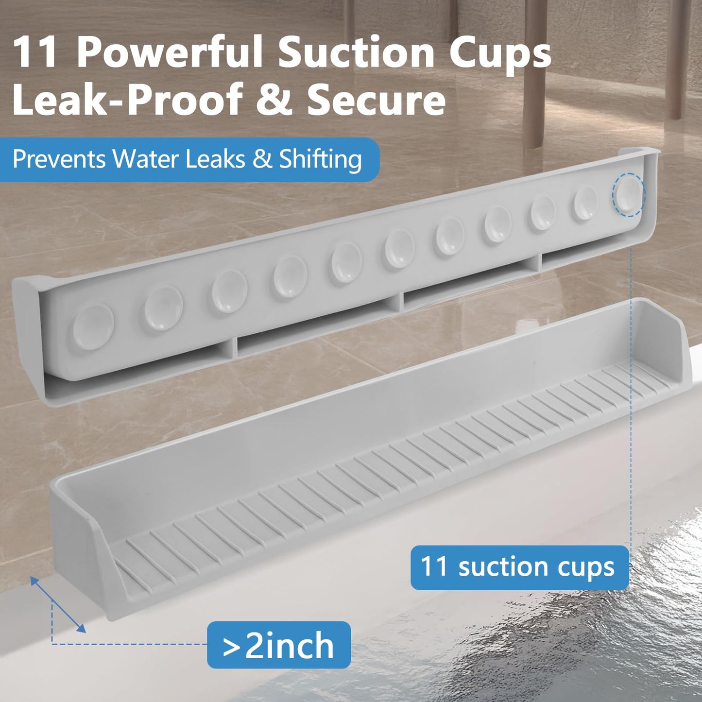 Akrelyan 31.5" Bathtub Splash Guard for Tub Kids, Silicone Splash Shield with 11 Suction Cups, Toy Tray Shelf, No Spill Water Barrier, Prevents Mess, Fun Bathtime for Toddlers Baby–Gray