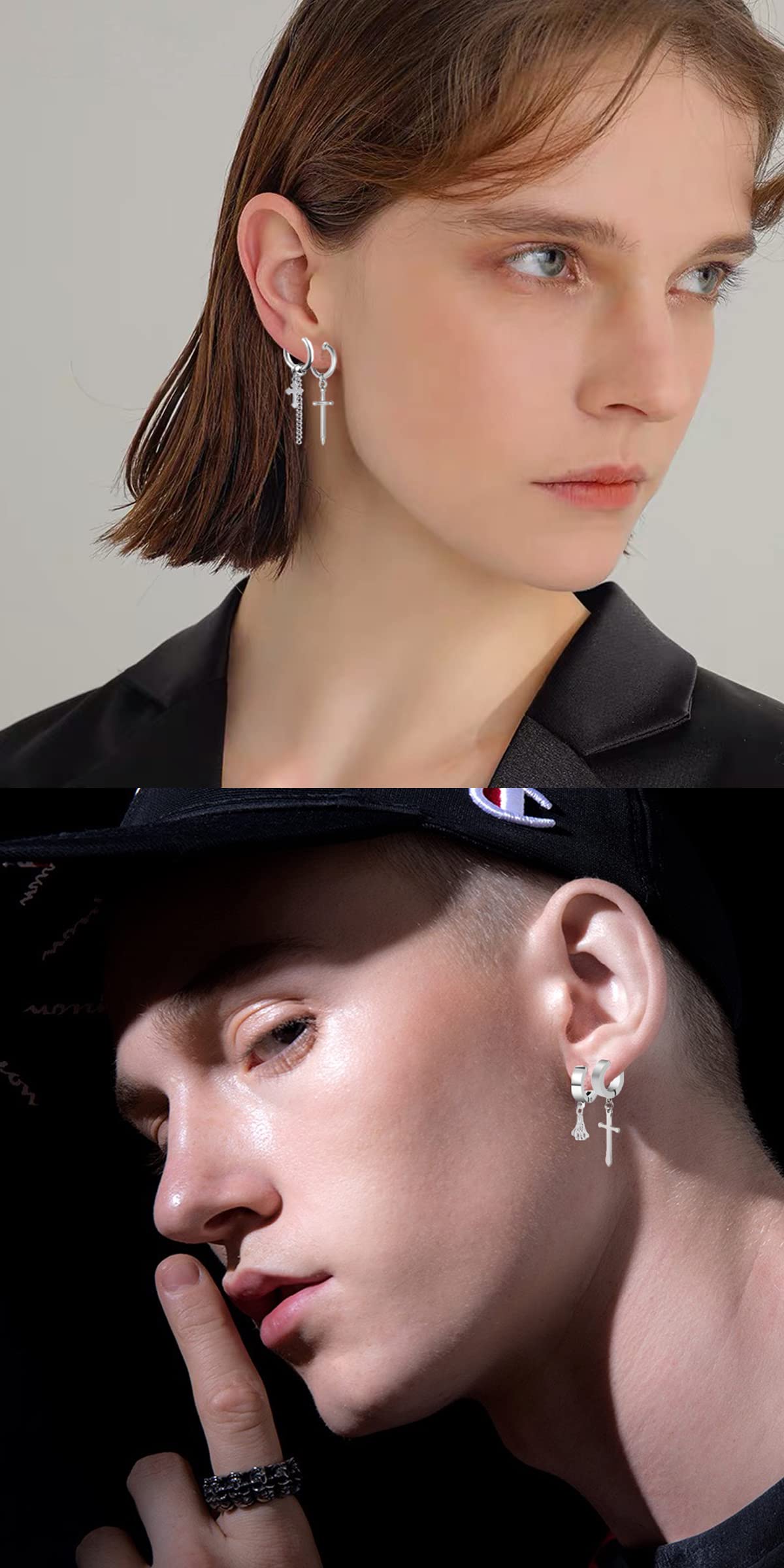14 Pcs Silver Punk Stainless Steel Fake Piercing Cross Dagger Sword Spike Rivet Triangle Dangle Tassel Clip on Hoop Earrings Set for Women Men, Non Pierced Fake CZ Stud Earrings