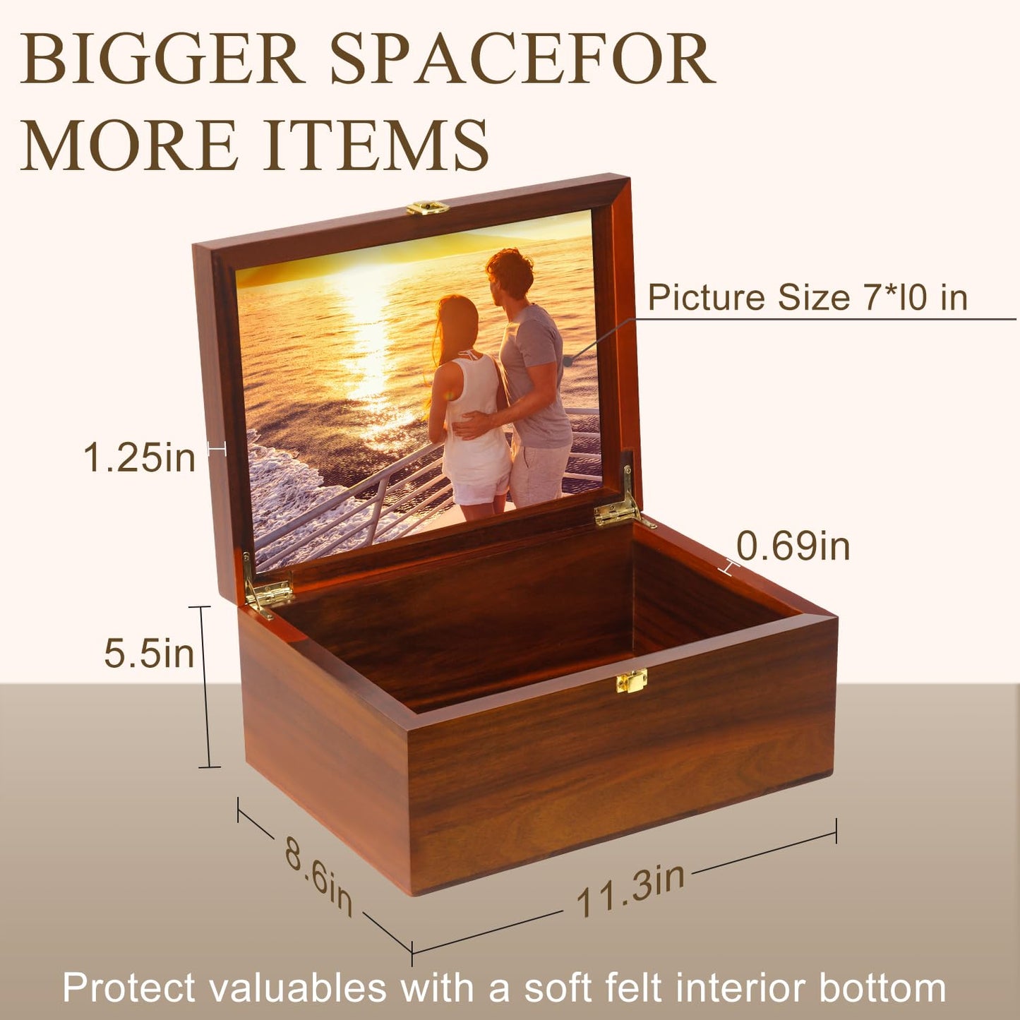 Large Wooden Keepsake Box with Hinged Lid and Photo Frame - Elegant Wedding Memory Box, Ideal for Photos, Letters, Time Capsules, Bride Gift, Decorative Storage，5.5“*8.6”*11.3“