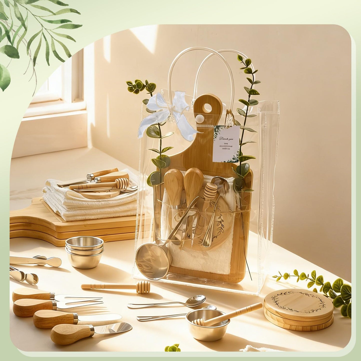 Baby Shower Prizes for Game Winners 6 Sets Cheese Board Honey Dipper Charcuterie Utensils Set Towel Thank You Card and Gift Bags for Baby Shower Wedding Bridal Shower Favors (6 Set-Bamboo, Silver)