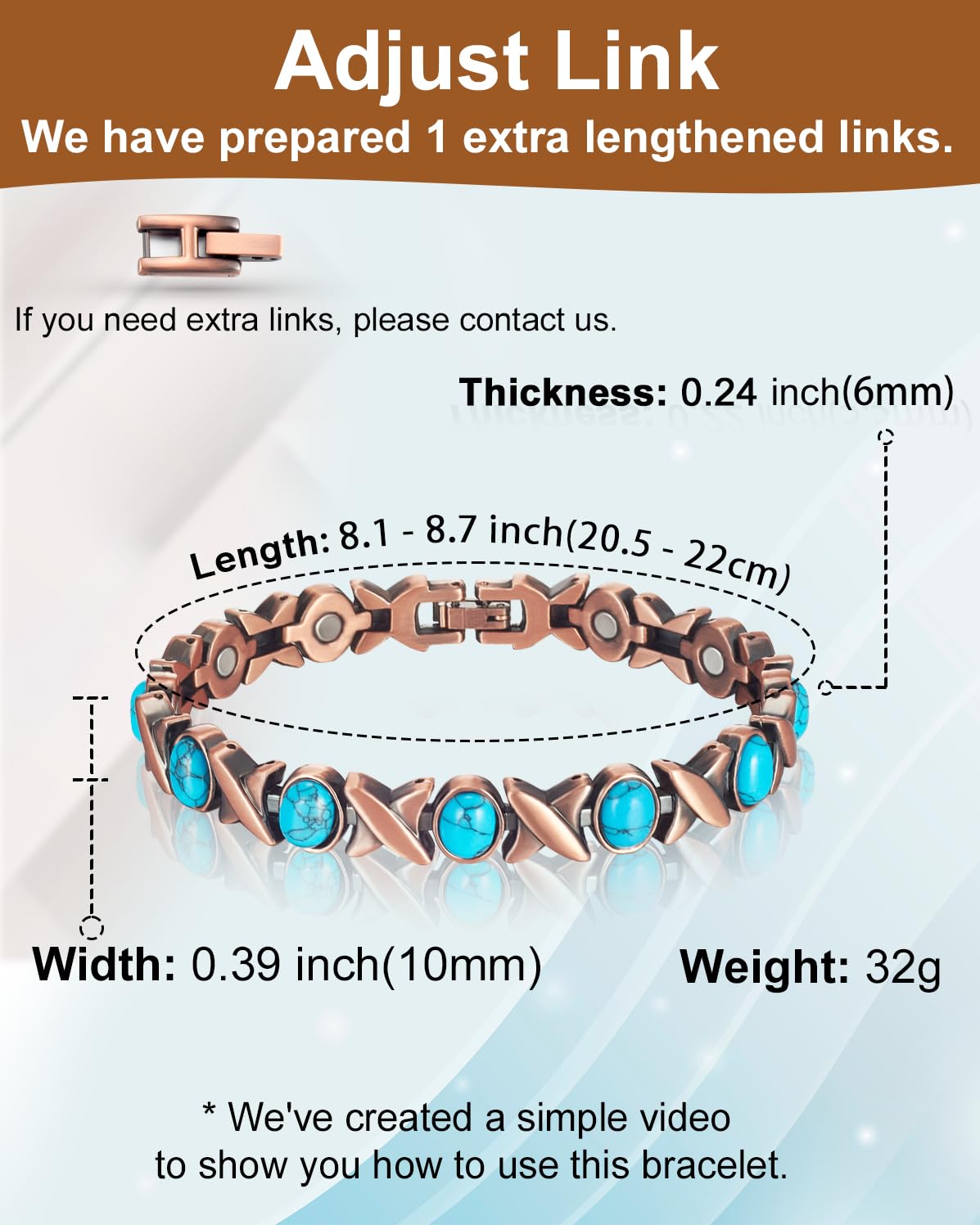 EnerCoppeX Copper Magnetic Bracelet for Women - Turquoize Detox Jewelry with 3500 Gauss Magnet (P)