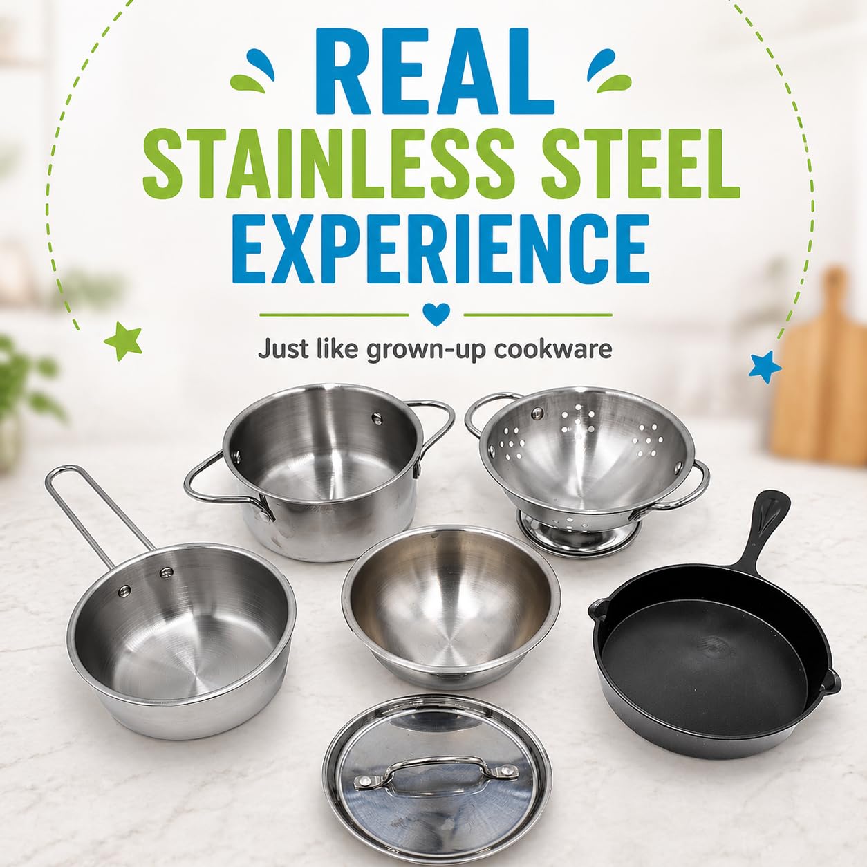 PopOhVer Deluxe Pots & Pans Set - 12 Piece Stainless Steel Play Kitchen Set - Realistic Looking Cookware for Imaginative Role Play - Great for Young Boys and Girls Ages 3+