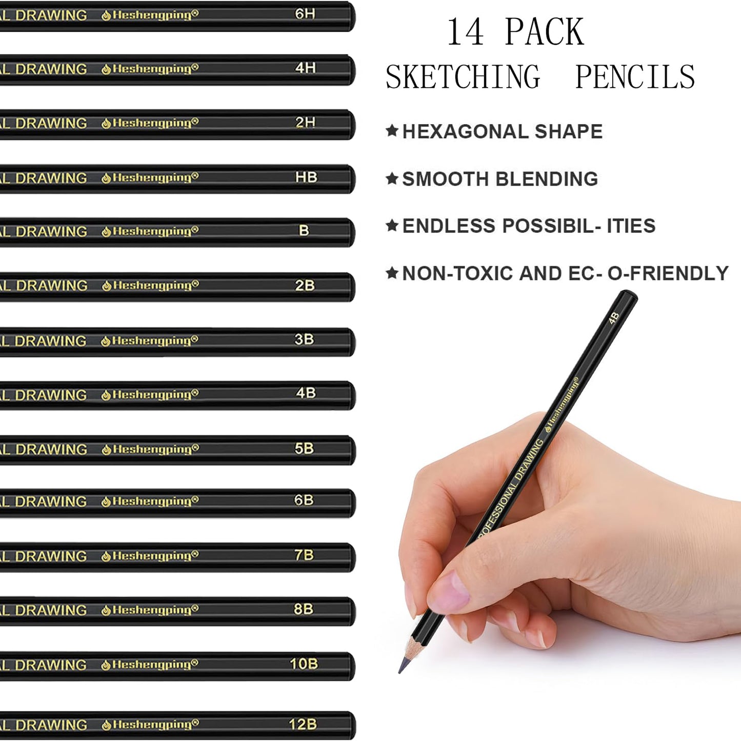 Heshengping Drawing Pencils Sketch Pencil Art Supplies Set for Adults beginners Professional Sketching Art Graphite Charcoal Blending Stump Pencils kit