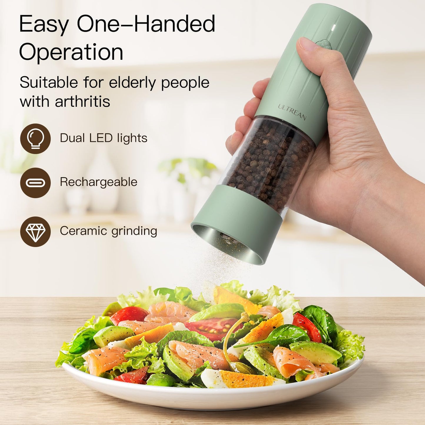 Ultrean Pepper Grinder, Electric Salt and Pepper Grinder Set with USB-C Rechargeable, Spice Mill, 6 Adjustable Coarseness, LED Light, Larger Capacity, Gift for Women Mom, Green