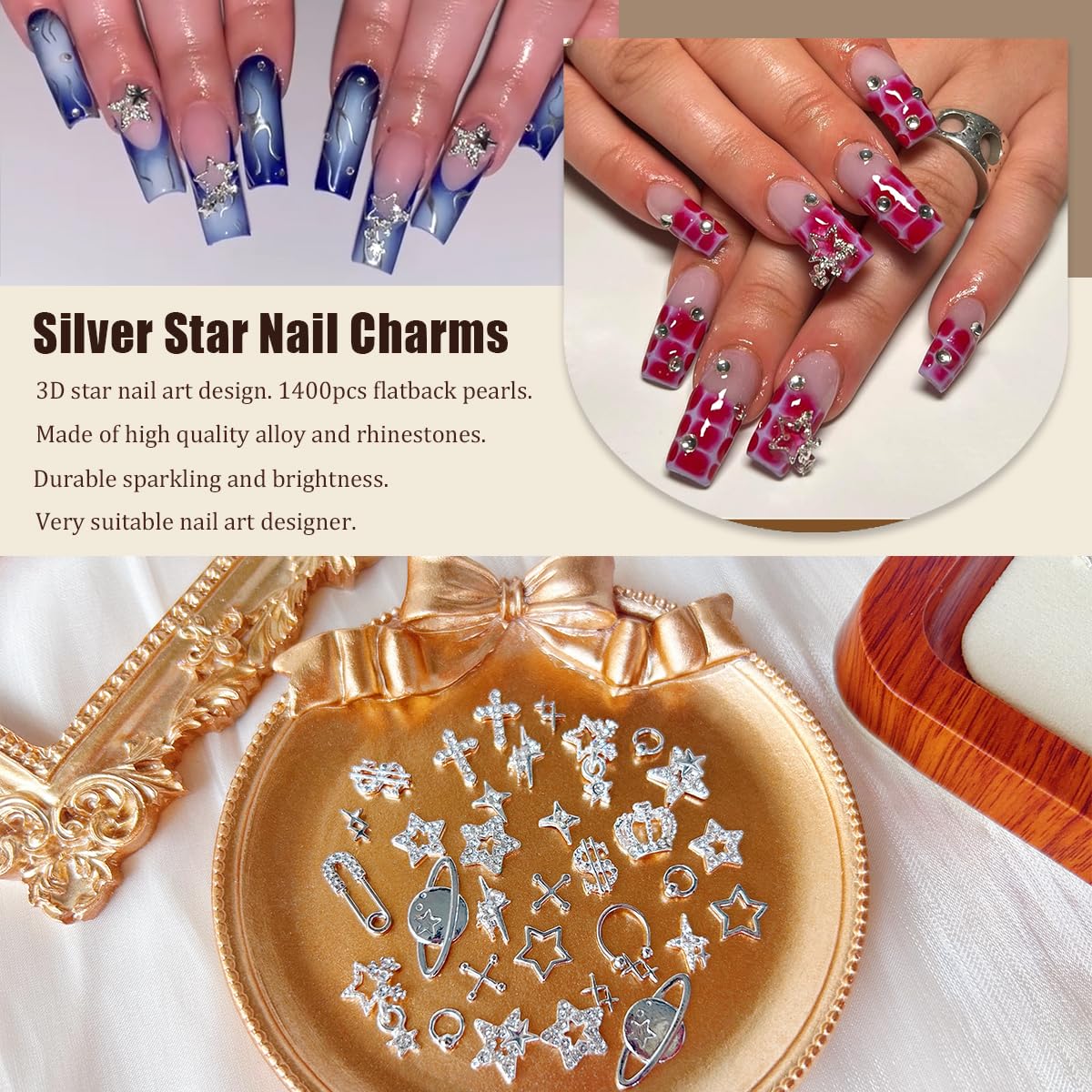 92pcs Star Nail Charms, 1 Box Silver Nail Pearls for Crafting Flat Back, Y2K Silver Metal Planet Cross for Acrylic Nail Art Rhinestones Dangling Star Nail Chains Cute Gems Manicure Decorations Bulk
