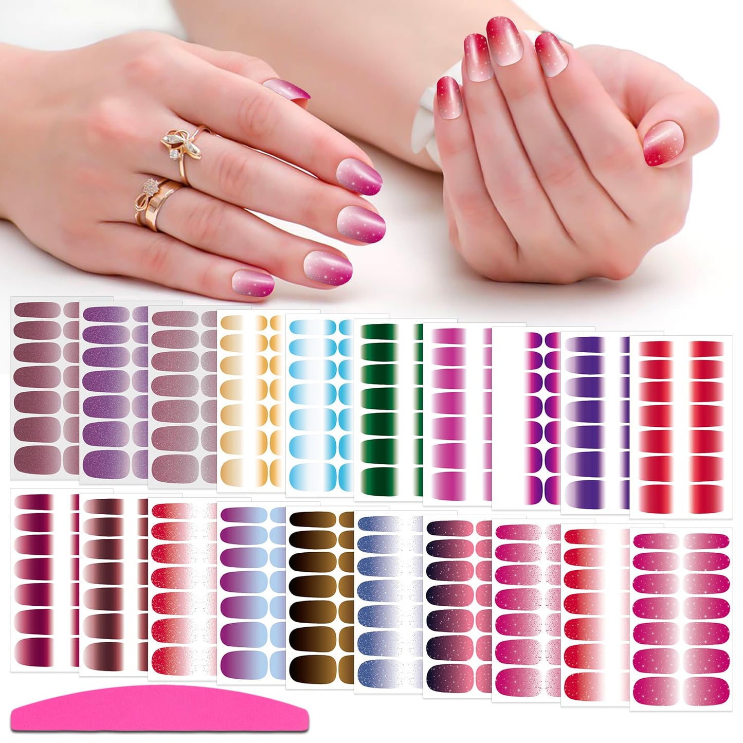 SILPECWEE 20 Sheets Glitter Nail Polish Stickers Full Nail Wraps for Women Gradient Color Adhesive Stick on Nail Polish Strips Gel Nail Strips Fingernail Manicure Design with Nail File