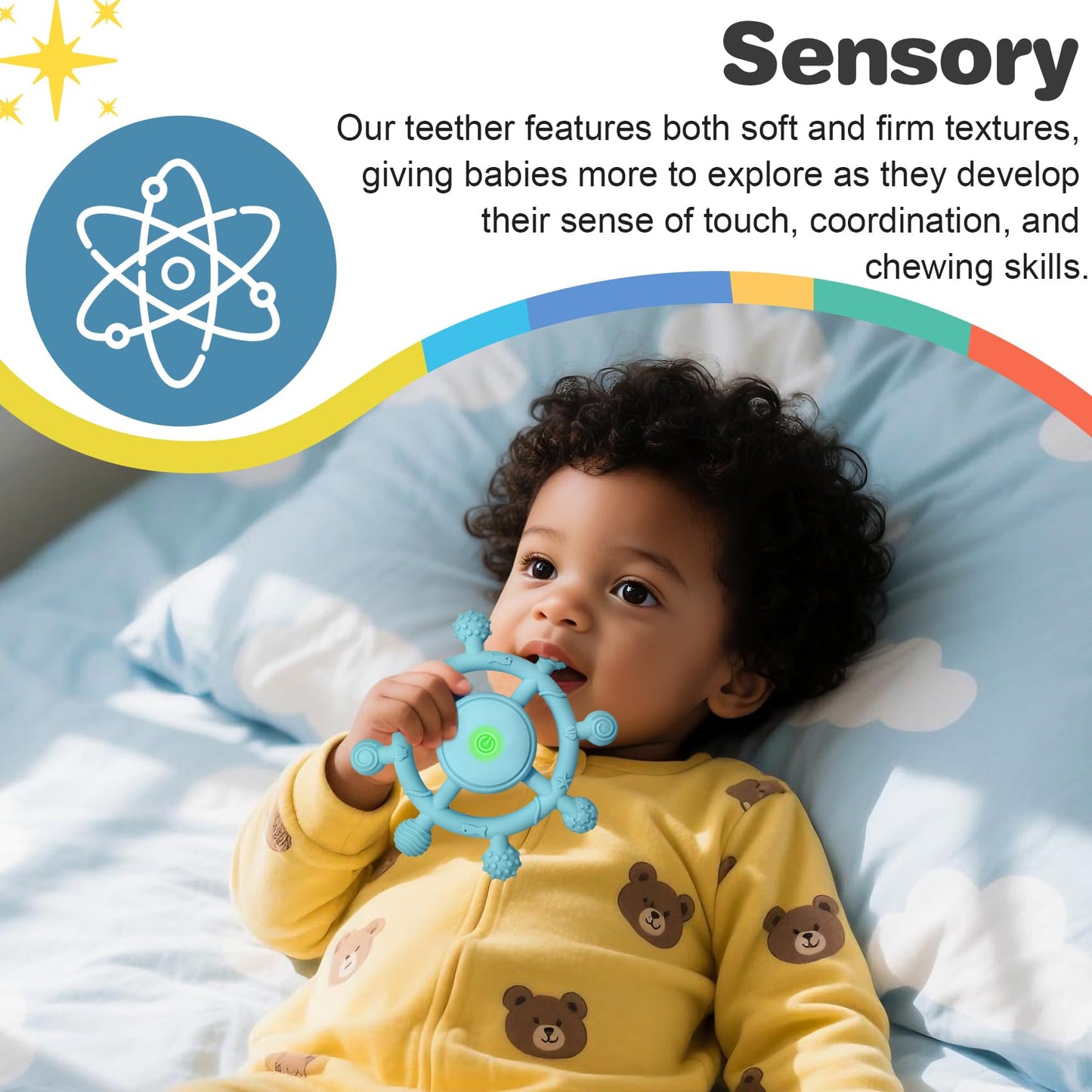 YOFUN 3-Speed Vibrating Baby Teether – Soothing Silicone Teething Toy for Infants 3M+, Food-Grade, USB Rechargeable – Soft & Safe Gum Relief for Babies (Blue)