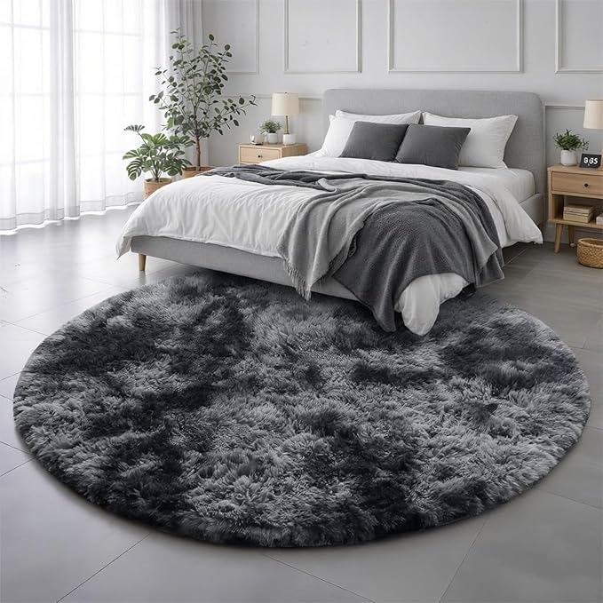 Amdrebio Tie-Dyed Dark Grey Round Rug 4Ft for Bedroom Dorm, Soft Furry Shaggy Circle Area Rugs for Living Room Office, Shag Fluffy Fuzzy Carpet for Kids Teen Boys Mens, Modern Cool Floor Circular Rug