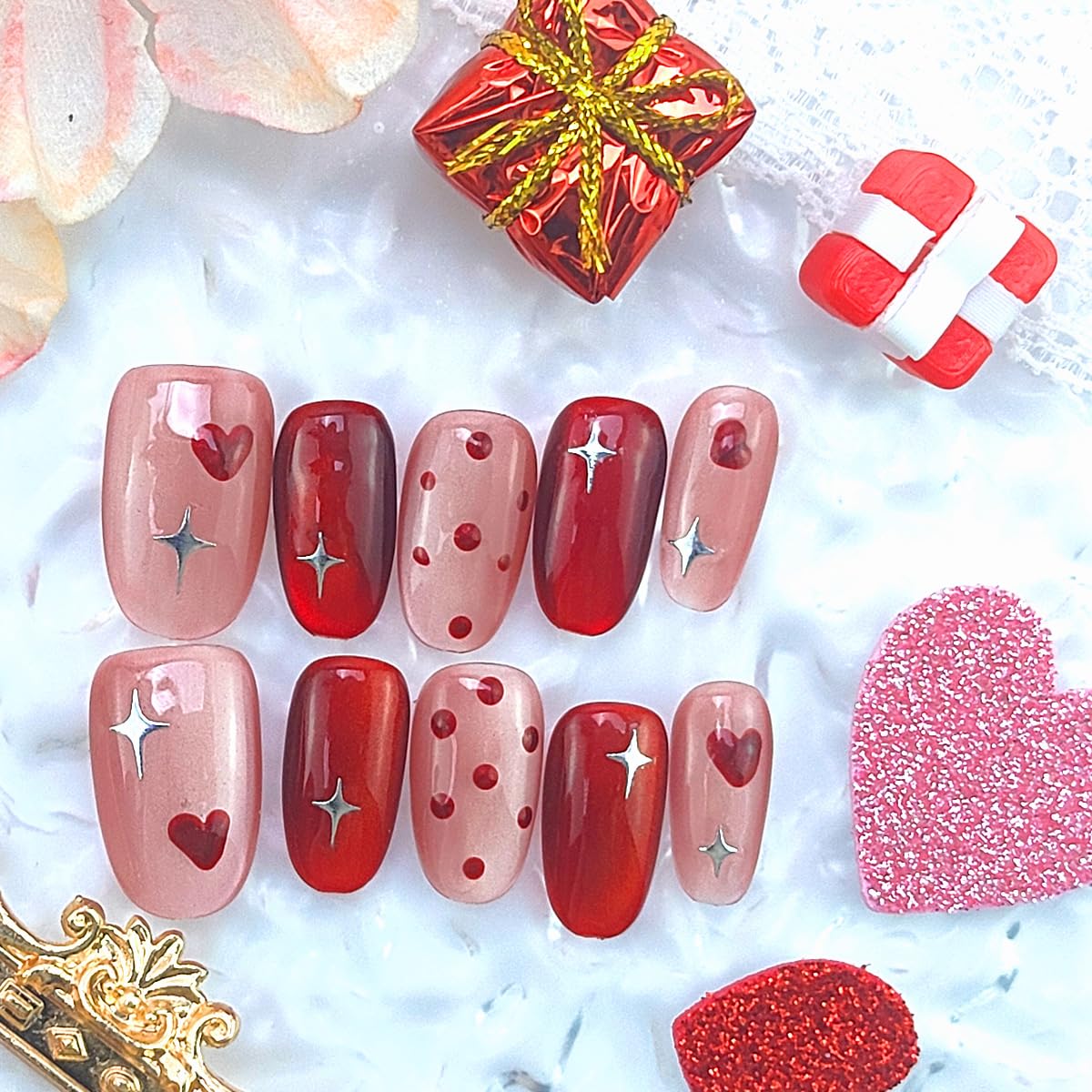10Pcs Valentines Press on Nails Short Oval Fake Nails Cute Polka Dots Star Designs Artificial Acrylic Glue on Nail Romantic Heart False Nails Glossy Full Cover Red Stick on Nail for Women Manicure