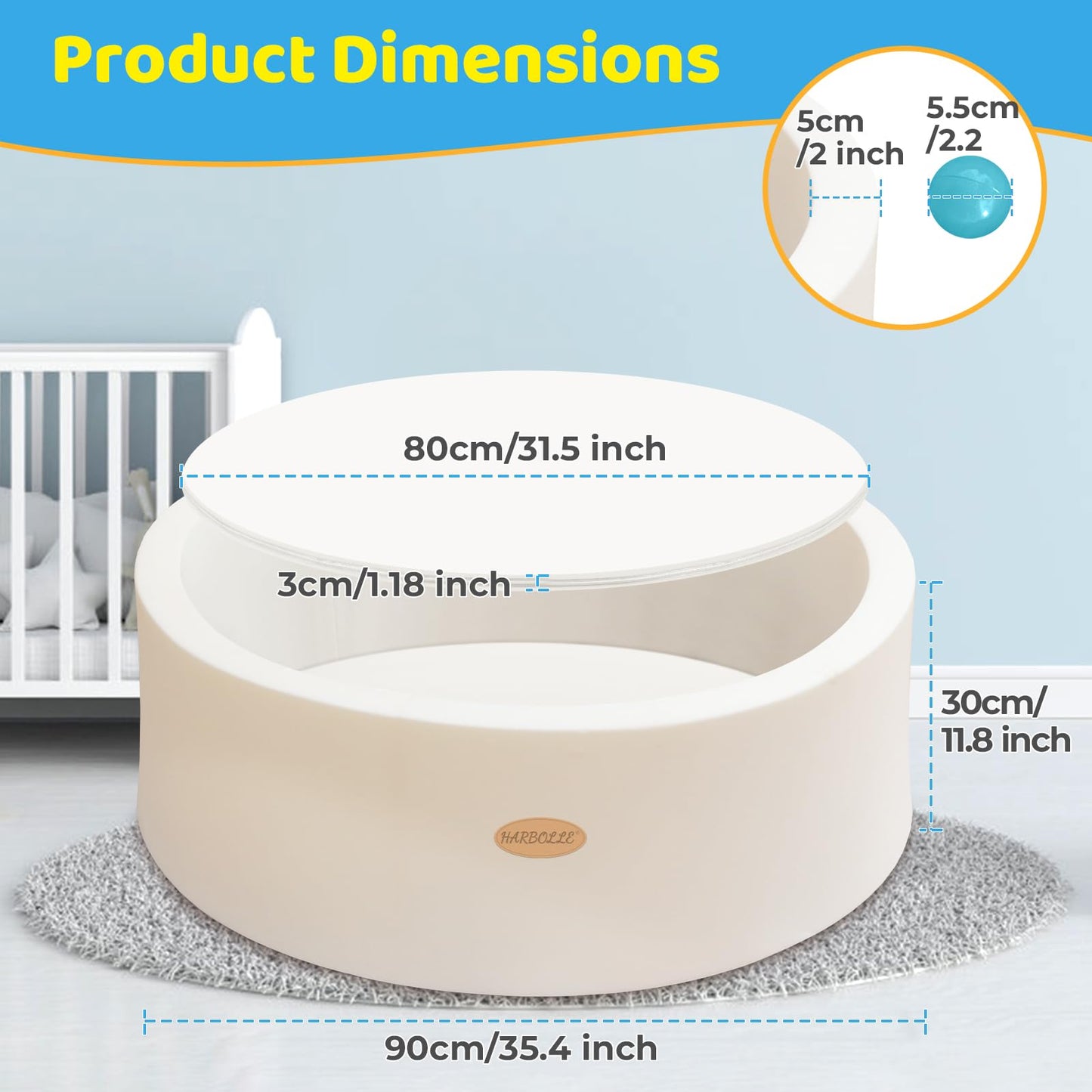HARBOLLE Baby Ball Pit 35.4" Soft Round Memory Foam Ball Pits NOT Included Balls Indoor Outdoor Playpen for Babies Toddlers Kids Great Gift for Girls Boys, White