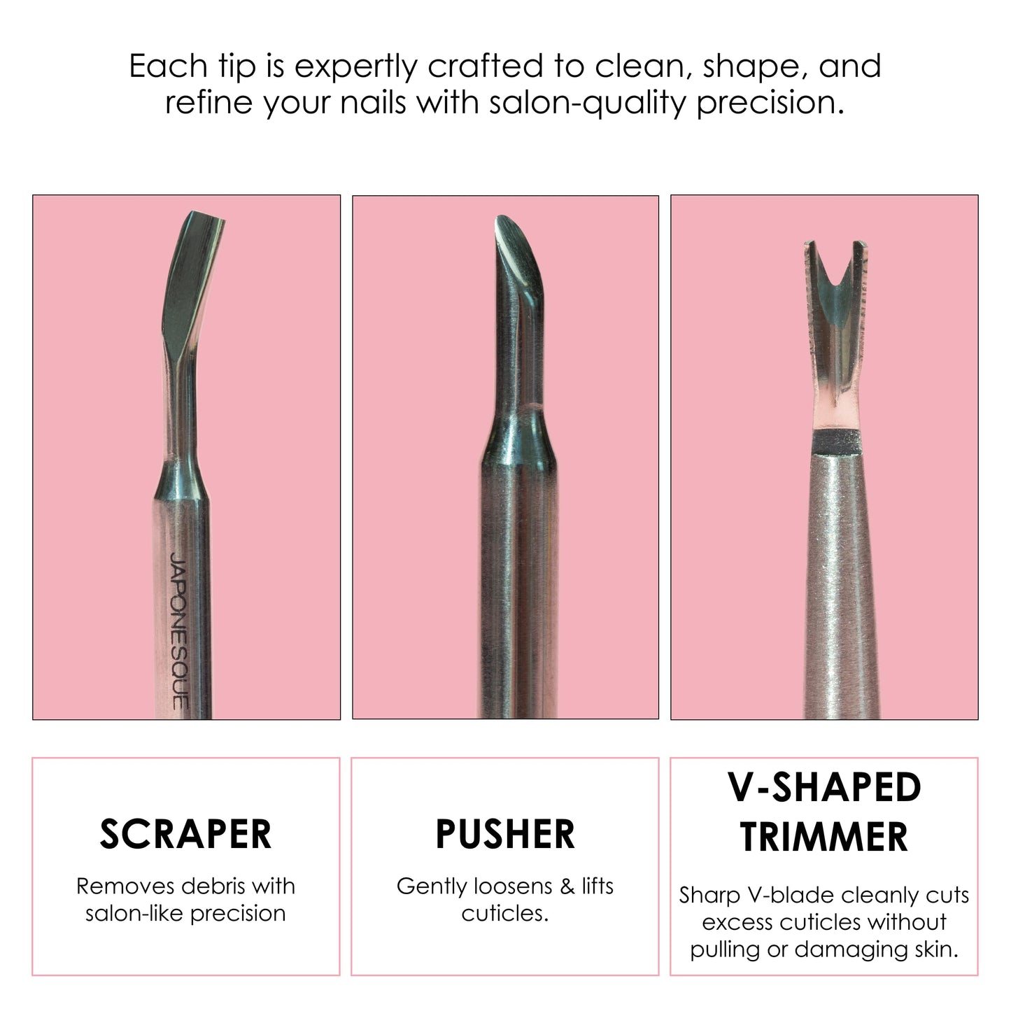 JAPONESQUE Cuticle Pusher and Trimmer Tool for Nails, Stainless Steel Cuticle Remover for Manicure and Pedicure, Dual End Nail Cuticle Pusher and Cutter for Cleaning, Shaping and Removing Dead Skin