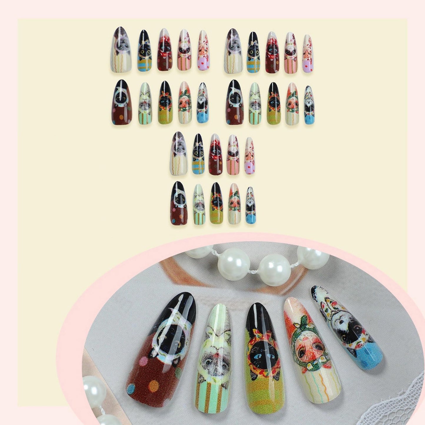 MISUD Press on Nails - Long Stiletto Fake Nails with Cute Acrylic Cartoon Cat Design 30 pcs