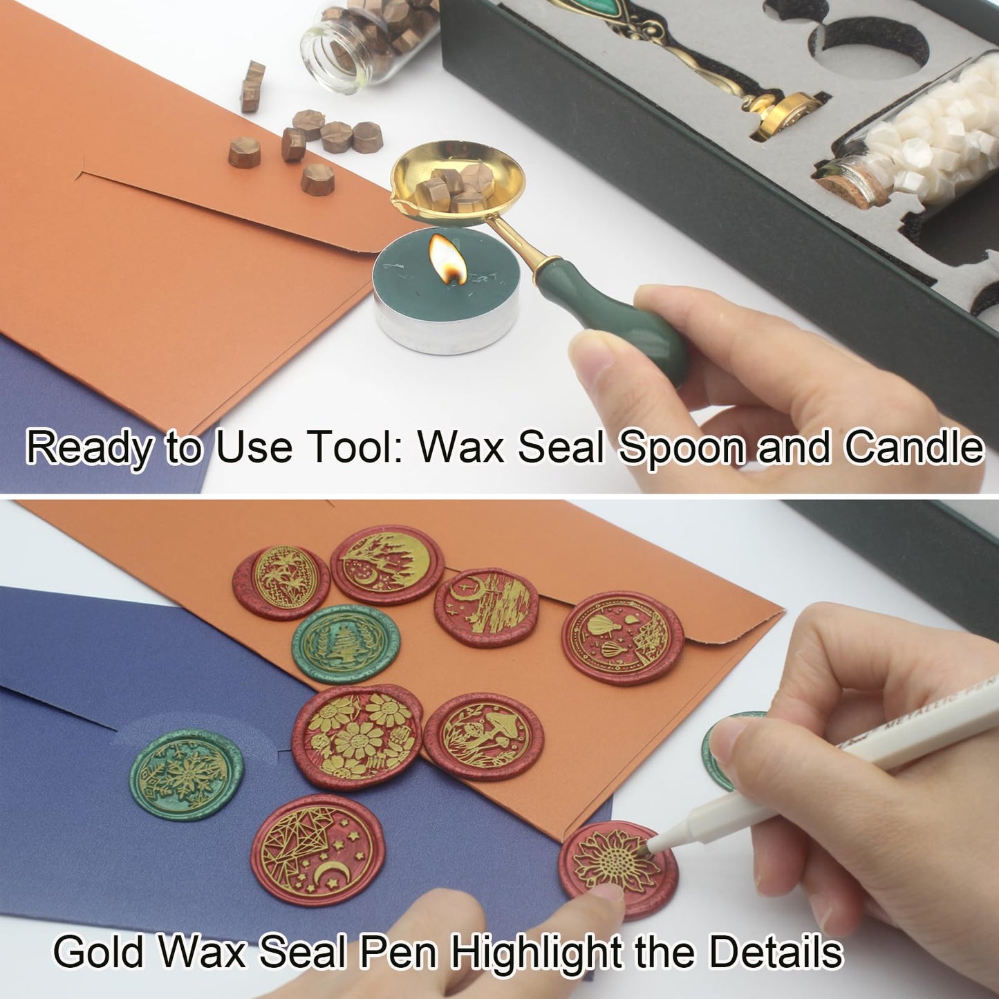 Letter Wax Seal Stamp Kit, Andotopee Wax Seal Kit Initial Alphabet W Sealing Wax Stamp Head 3pcs, Vintage Wax Stamp Seal Kit with Wax Seal Beads, Wax Seal Warmer Tools, Wax Seal Pen, Gift Box Set