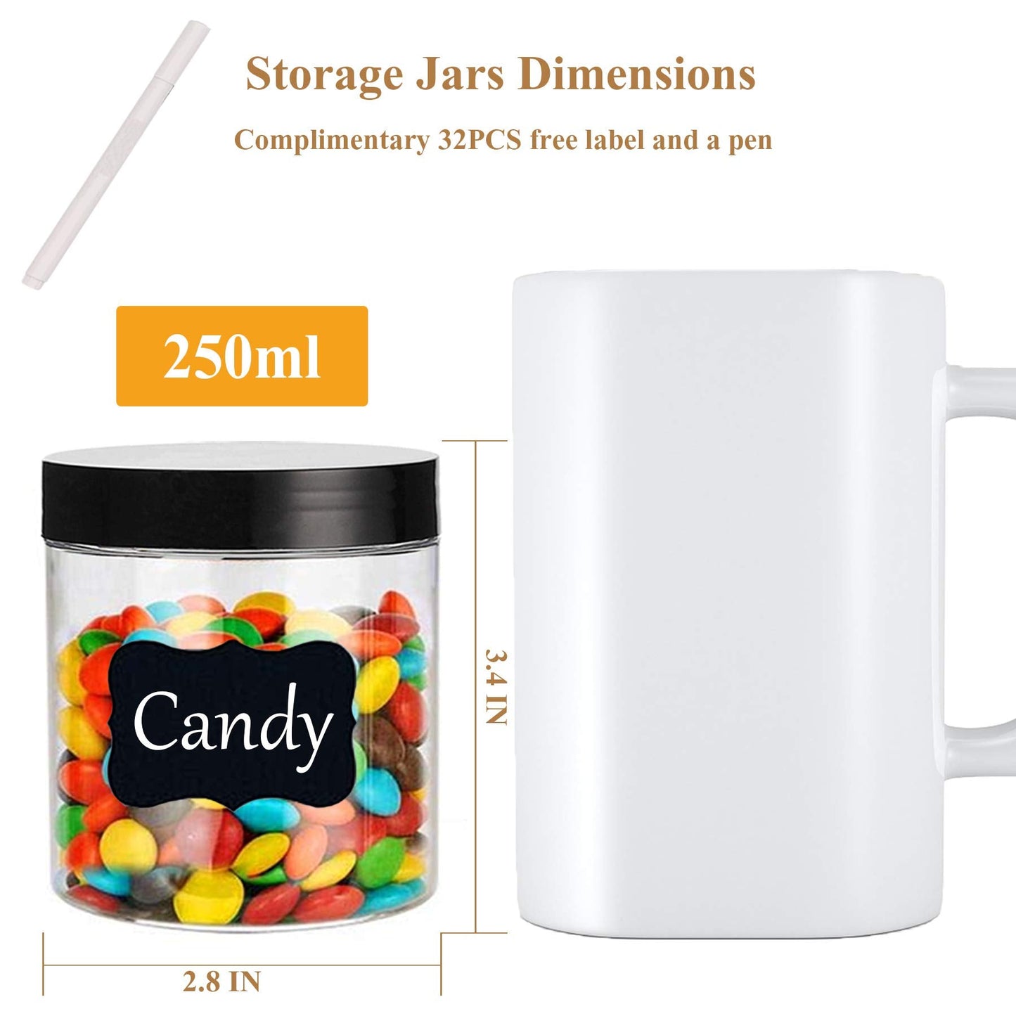 Hajoyful Plastic Jars with Lids Empty Slime Cosmetics Containers Clear Gift Food Jars Round PET Cream Jar with Black Lids Pen Labels for Kitchen Storage Spices Dry Food Body Butter Making(8OZ 32PCS)