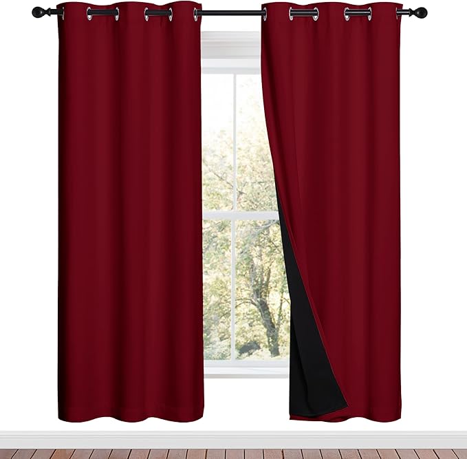 NICETOWN 100% Blackout Window Curtain Panels, Burgundy Red, 2 Pieces, 42-inch Wide Per Panel, Full Light Blocking Drapes with Black Liner for Nursery, 72-inch Drop Thermal Insulated Draperies