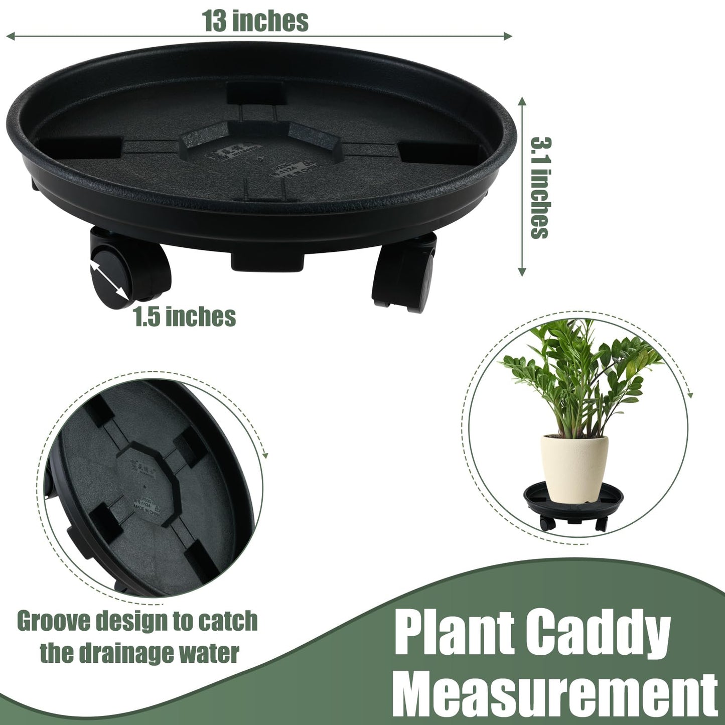 6 Packs 13 Inches Large Plant Caddy with Wheels Plant Saucers on Wheels Rolling Plant Stands Heavy-duty Plant Dolly Plastic Planter Roller Base Pot Movers Outdoor Plant Tray Coaster, Black