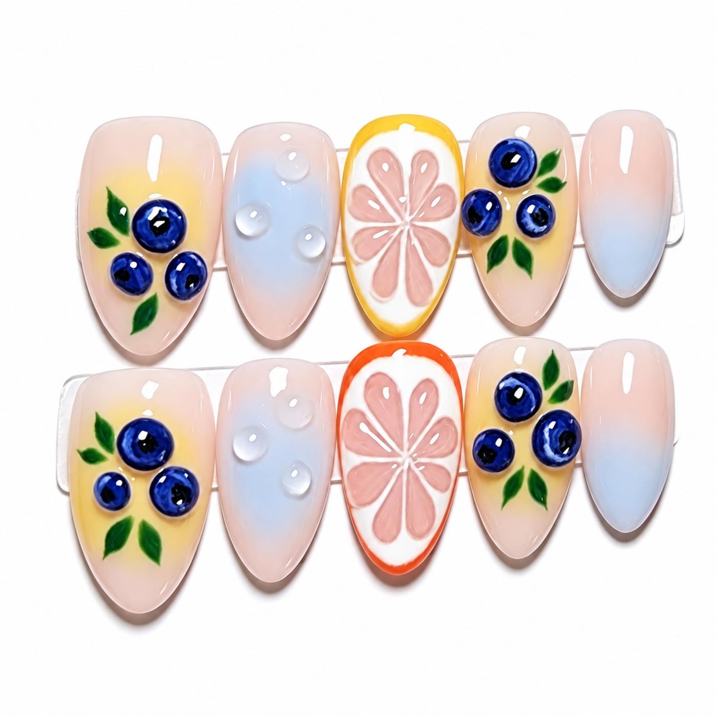 Medium Press on Nails Almond Fake Nails Yellow Artificial Nail Blueberry Orange Slice Water Drop Fruit Floral Glossy Summer Design Stick on Nail for Women 30pcs