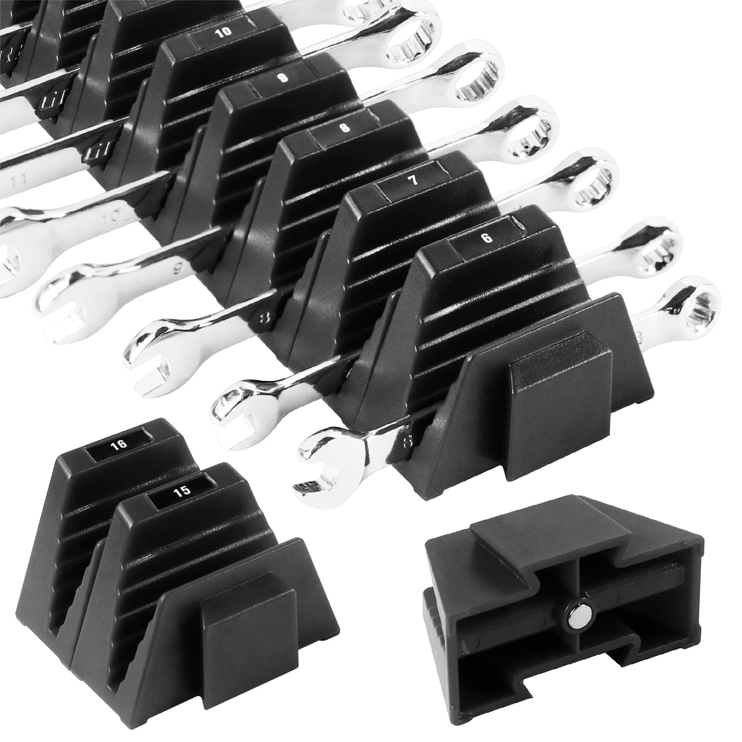 CENFORGE 48PC Modular Wrench Organizer Magnetic, Wrench Organizer for Tool Box Drawer - Wrench Holders with Metric & SAE Labels, Gift for Mechanics (48, Black)