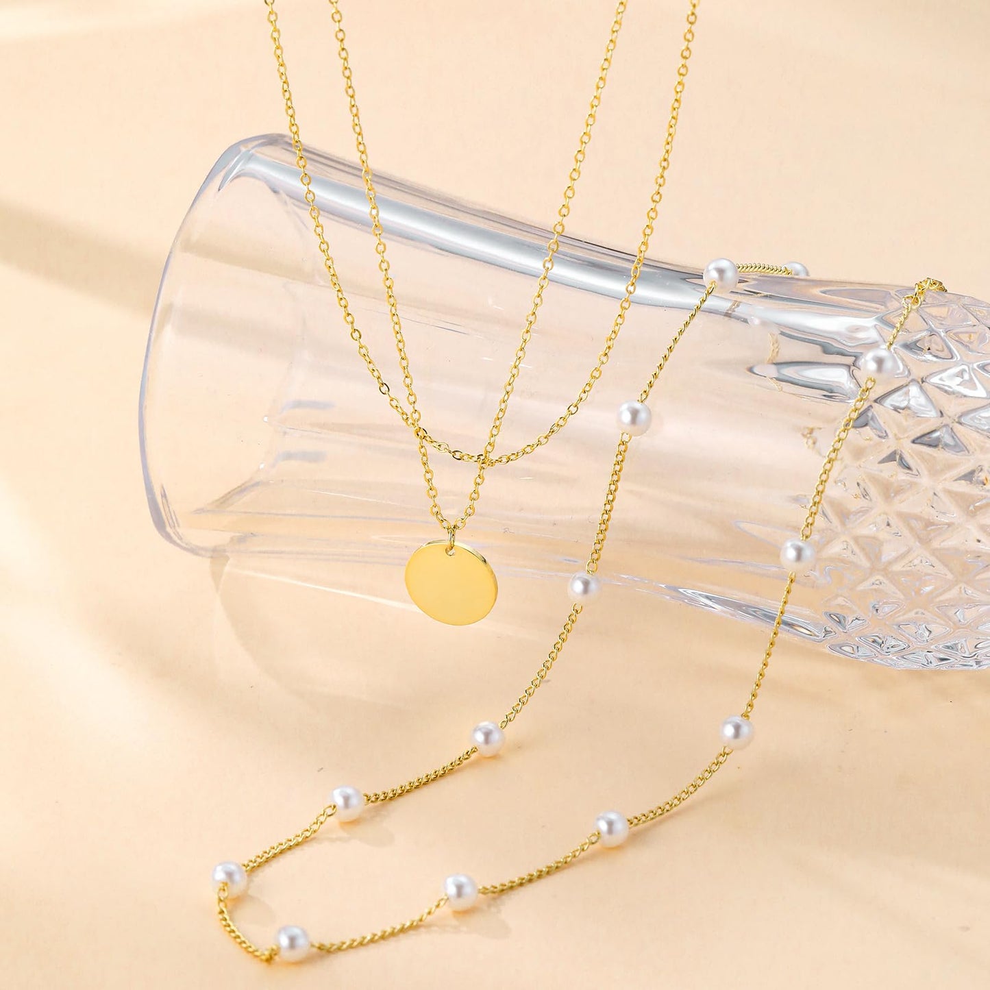 MFRYK Gold Necklaces Stack, 14K Gold Plated Simple Layered Choker Necklaces, Stackable Multilayer Gold Disc Pendant Satellite Pearl Chain Layering Necklaces Set