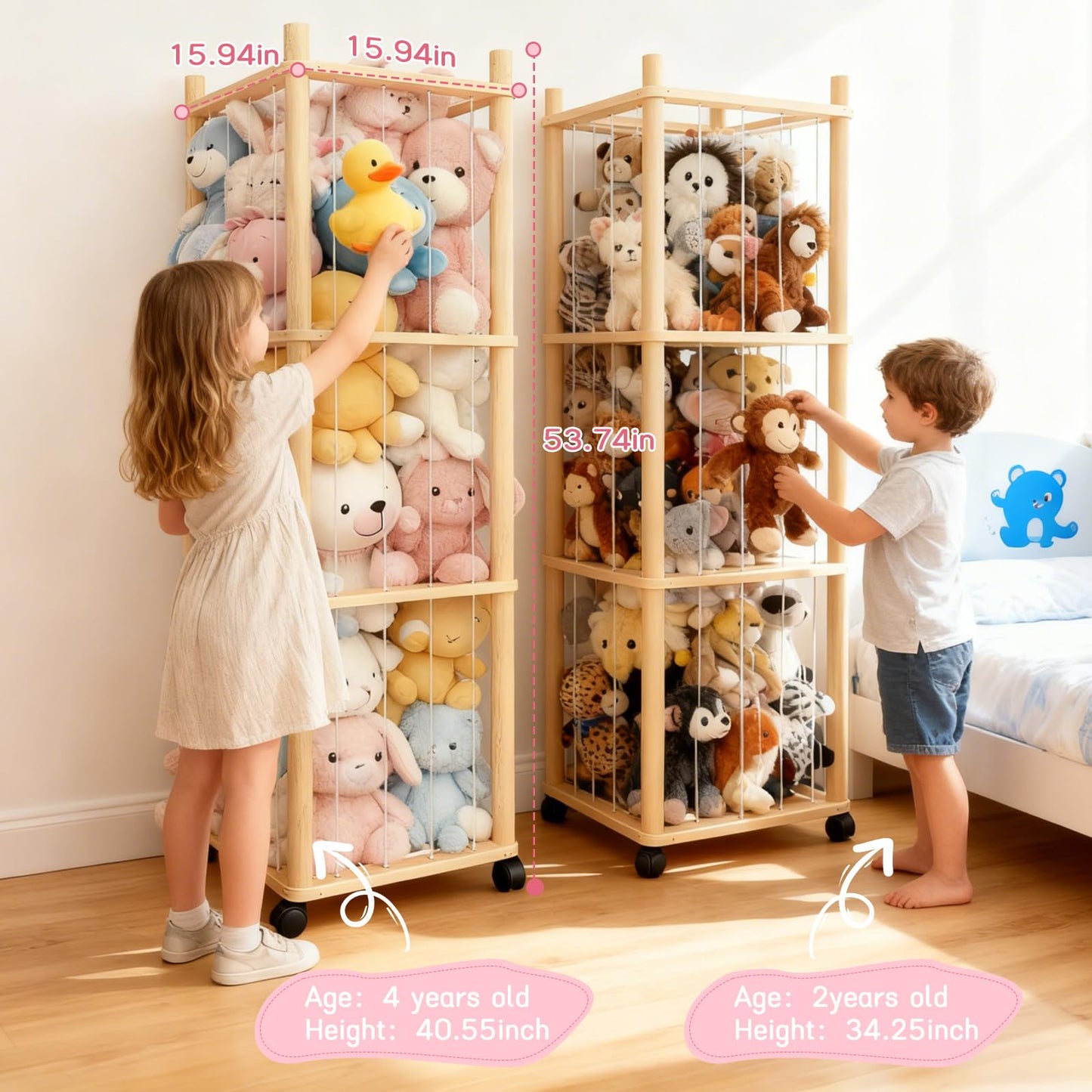 Vercxlyra Stuffed Animal Zoo Storage - Sturdy Solid Wood Toy Organizer with Lockable Wheels, Easy-Assemble/Clean, Large Capacity Plush Toy Cage, Space-Saving for Toddler/Playrooms/Bedrooms