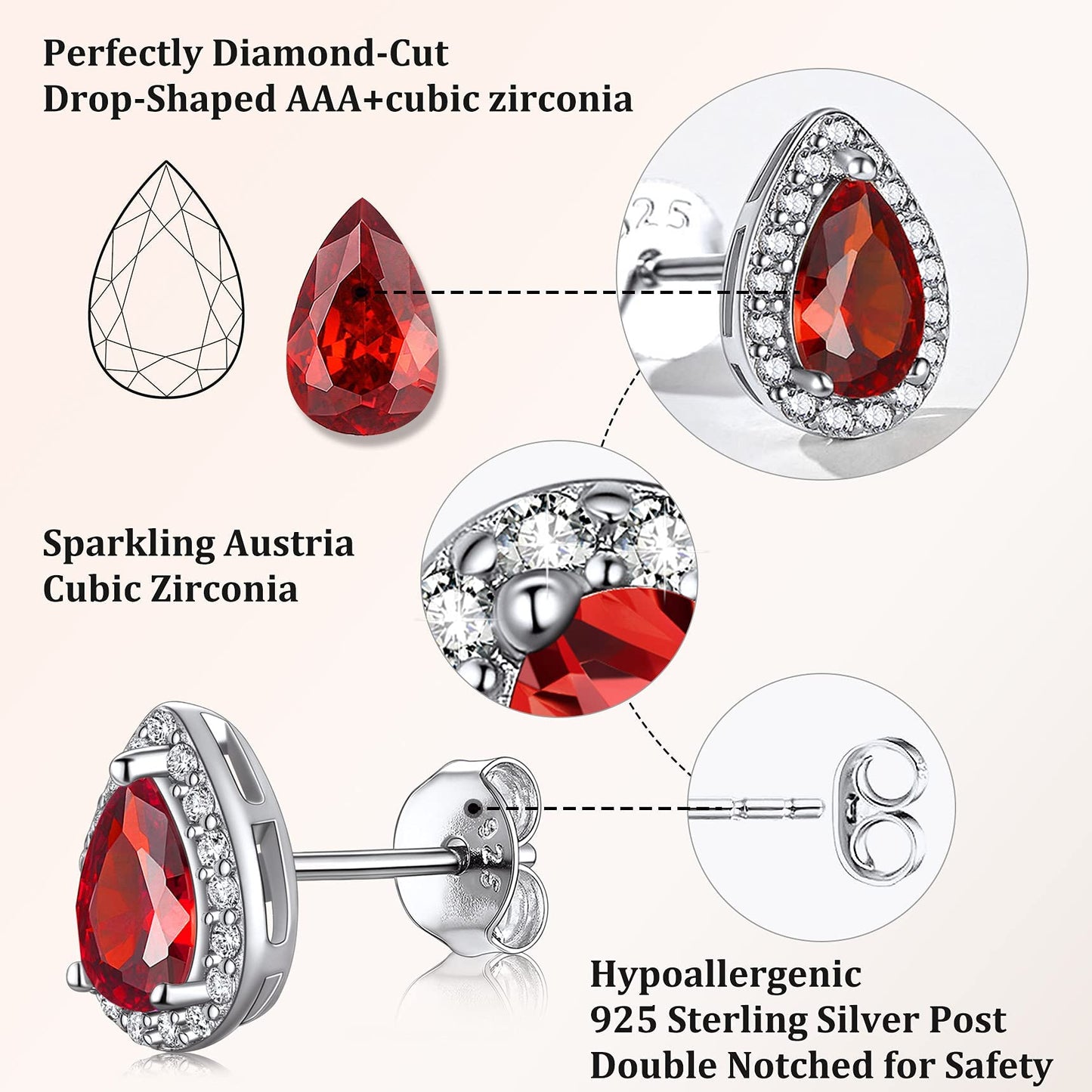 Bestyle 925 Sterling Silver Love Teardrop Cut Cubic Zirconia Stud Earrings, Brilliant Created July Ruby CZ Birthstone Earrings for Women