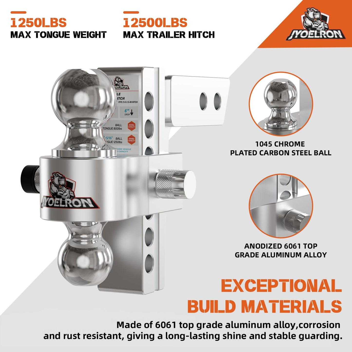 Adjustable Aluminum Trailer Hitch Ball Mount for 2" Receiver, Includes 2.5" Sleeve Adapter, 6" Drop/Rise, Dual Ball 2" & 2-5/16", 12,500 lbs GTW, Hitch Tightener with Locking Pins