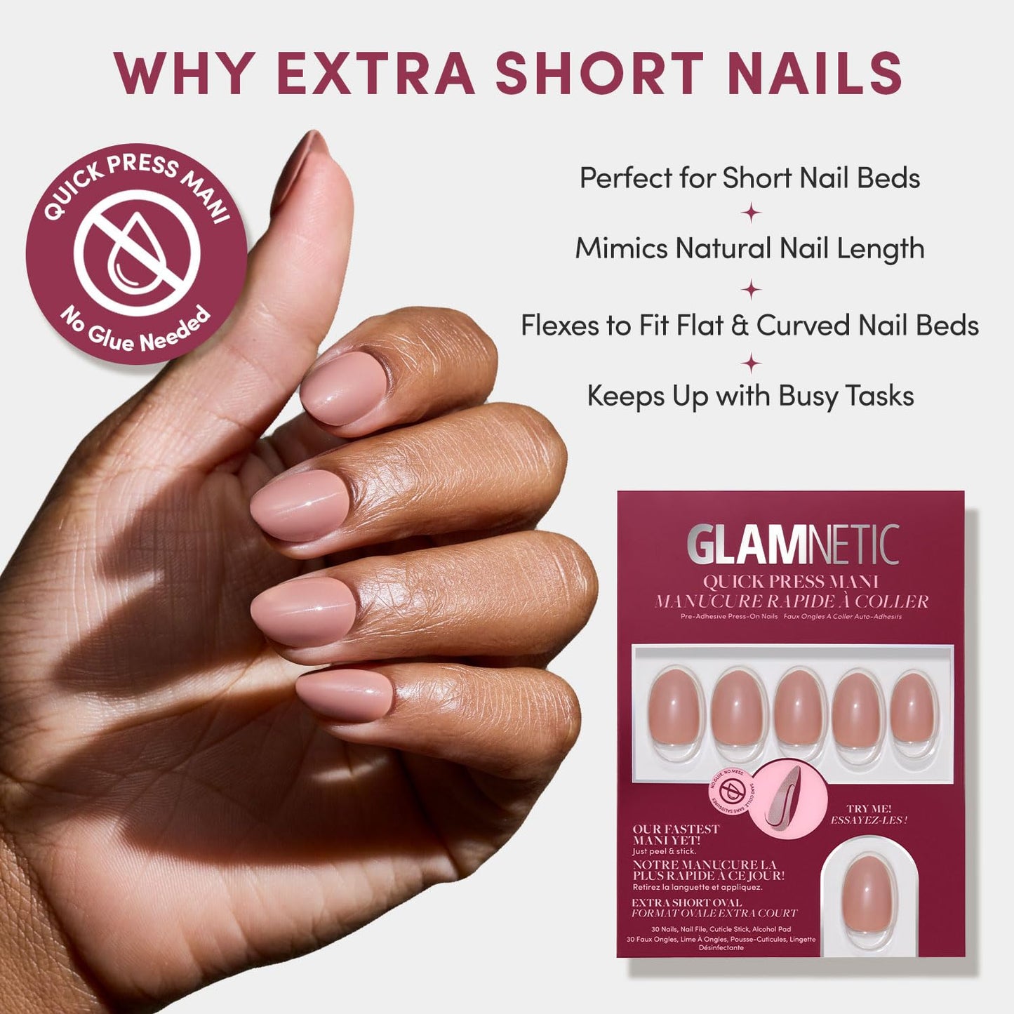 Glamnetic Quick Press Mani - No Glue Press On Nails, Just Peel and Stick, Oval Extra Short Nails, Mess Free, Salon Quality Stick On Nails, Teddy | in 15 Sizes - 30 Nail Kit