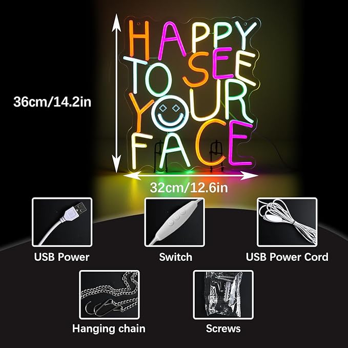 LED HAPPY TO SEE YOUR FACE Sign - Classroom Decor Inclusive Wall Decoration Welcome Gift Teacher Present for Primary Schools and Kindergartens - Birthday (14.2"12.6")