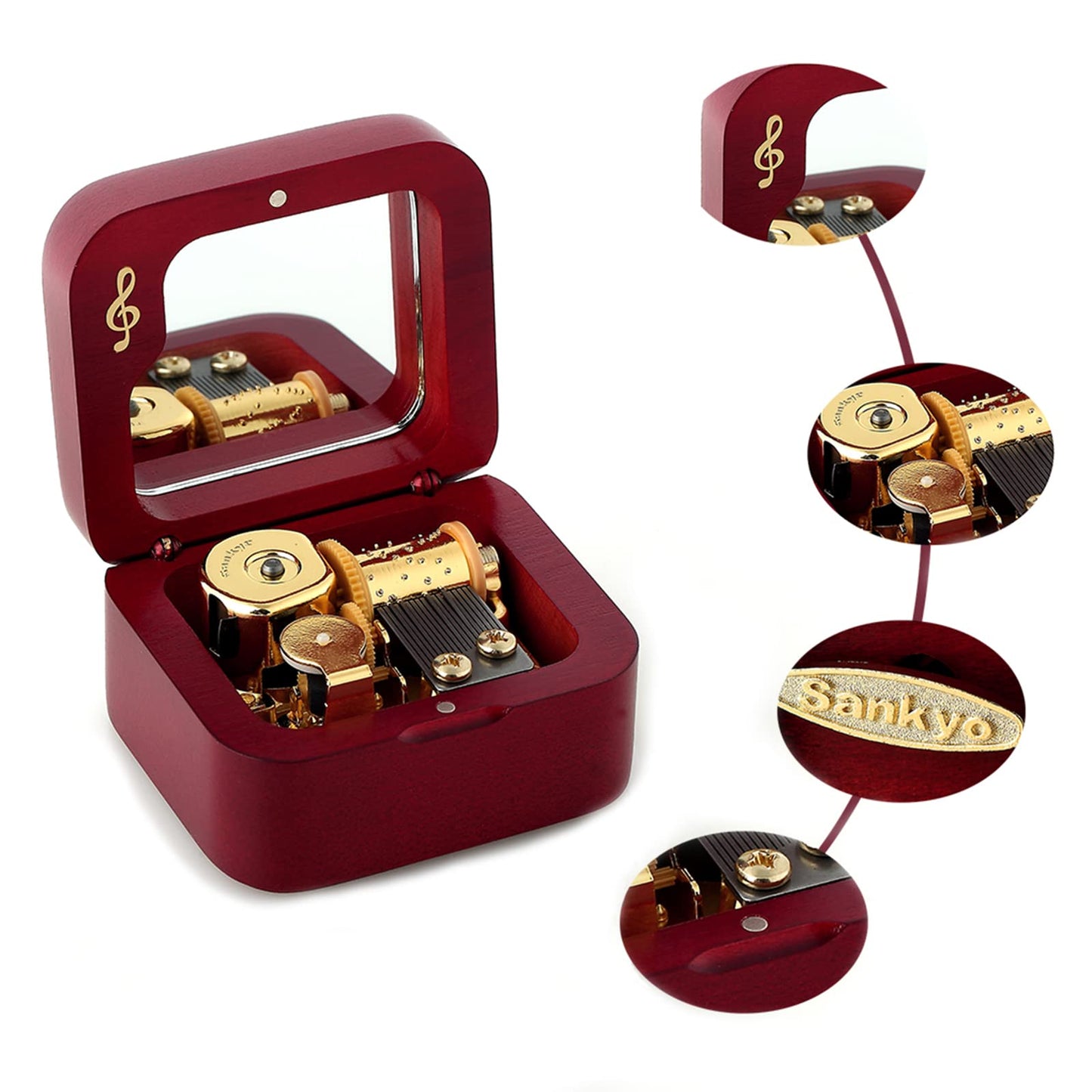 JYmusic Natural Solid Wood Clockwork Square Note Octave Box with Pause and Play Function, Gift for Birthday/Mother's Day/Children's Day/Valentine's Day/Christmas, Wine-red.