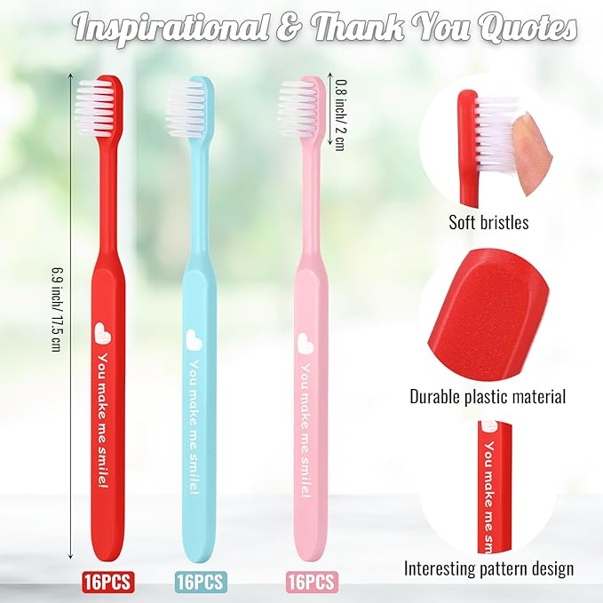 48 Pcs Toothbrushes, Individually Wrapped Toothbrush for Giveaways, Festive Red, Blue and Pink Design