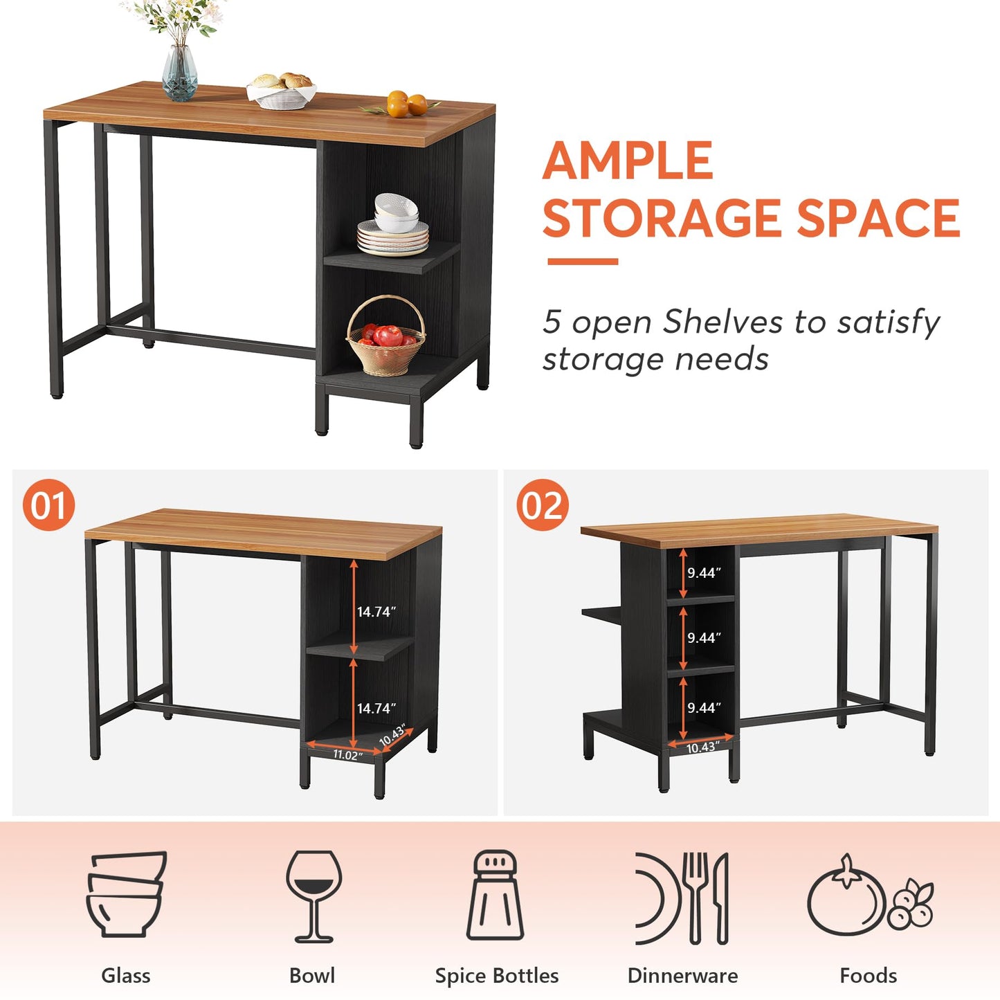 Tribesigns Kitchen Island, Kitchen Shelf Bar Table with 5 Open Storage Shelves and Large Worktop, Industrial Butcher Block Island (Stools Not Included)